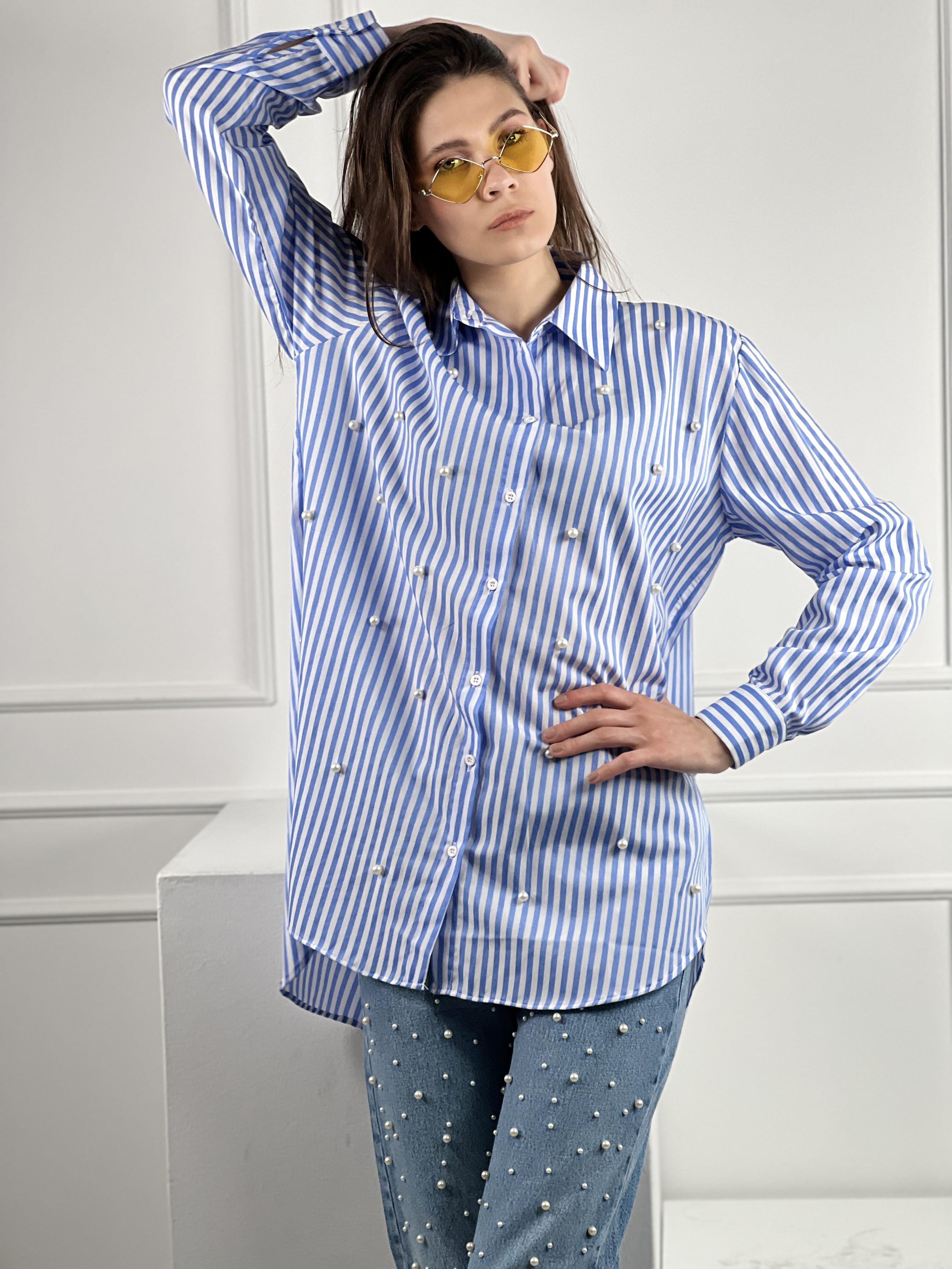 Çizgili Uzun Kollu Dökümlü İnci Çakım Detaylı Gömlek % 100 Cotton 27347-4-27347-4S