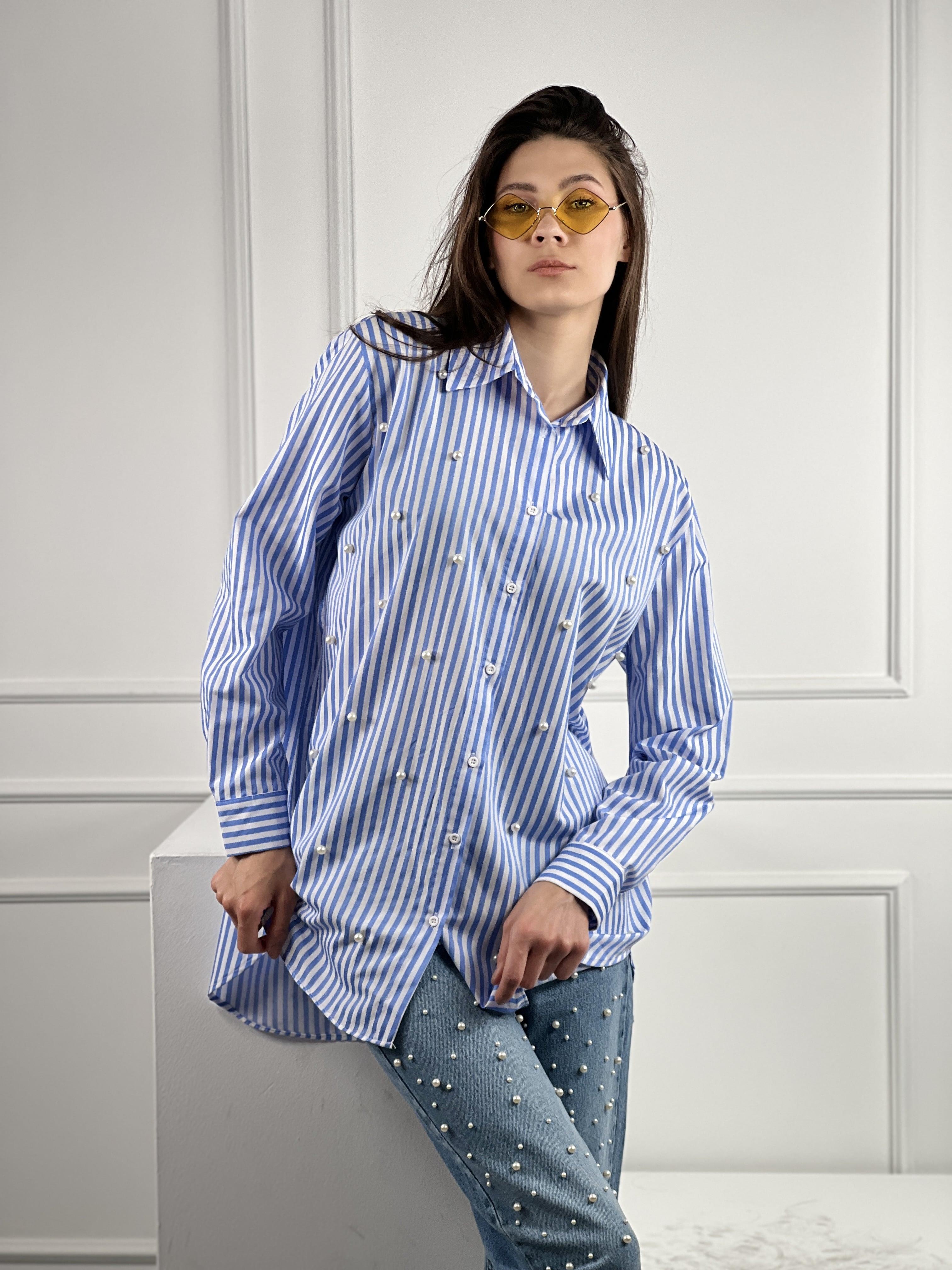 Çizgili Uzun Kollu Dökümlü İnci Çakım Detaylı Gömlek % 100 Cotton 27347-4-27347-4S