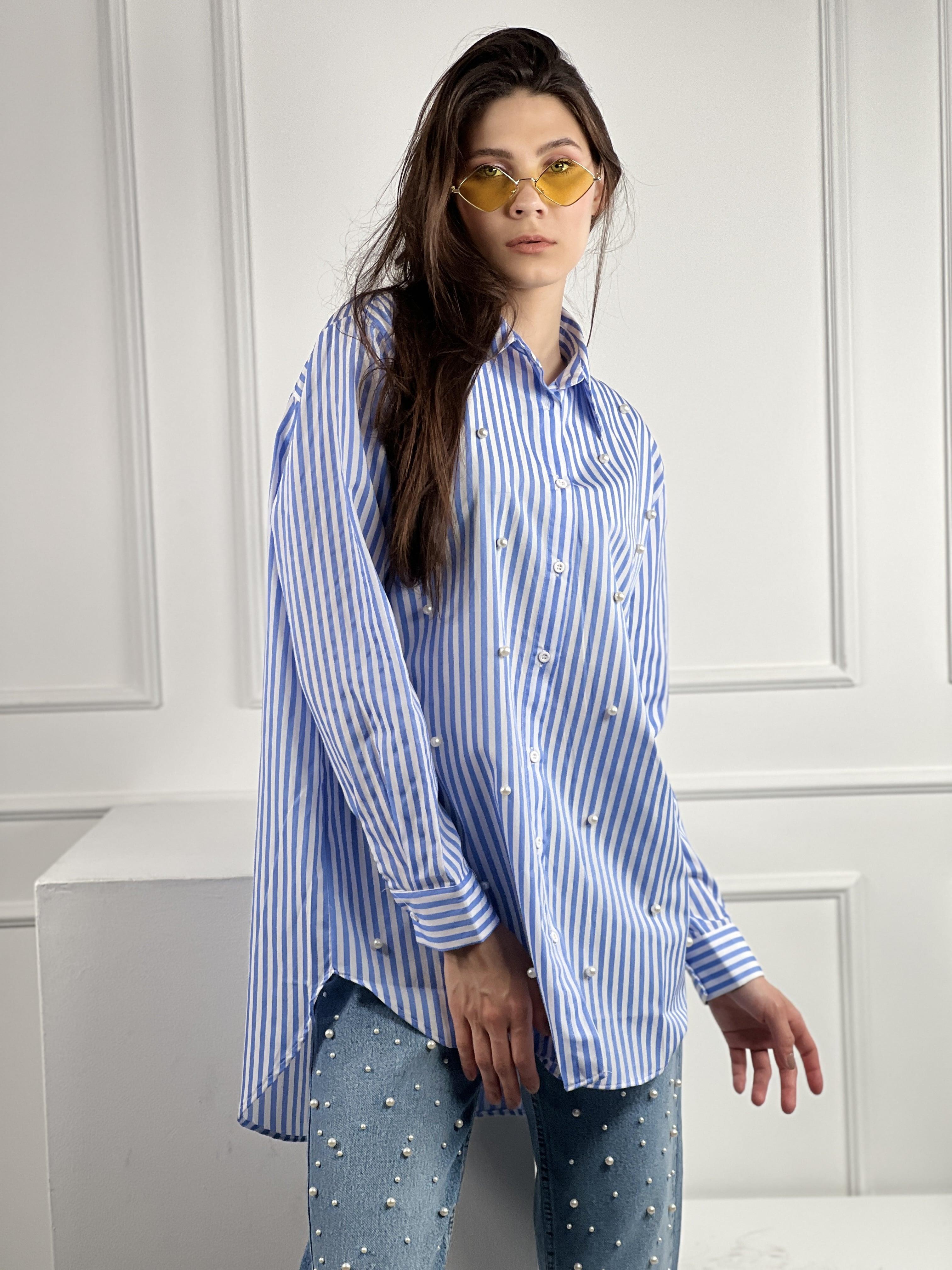 Çizgili Uzun Kollu Dökümlü İnci Çakım Detaylı Gömlek % 100 Cotton 27347-4-27347-4S