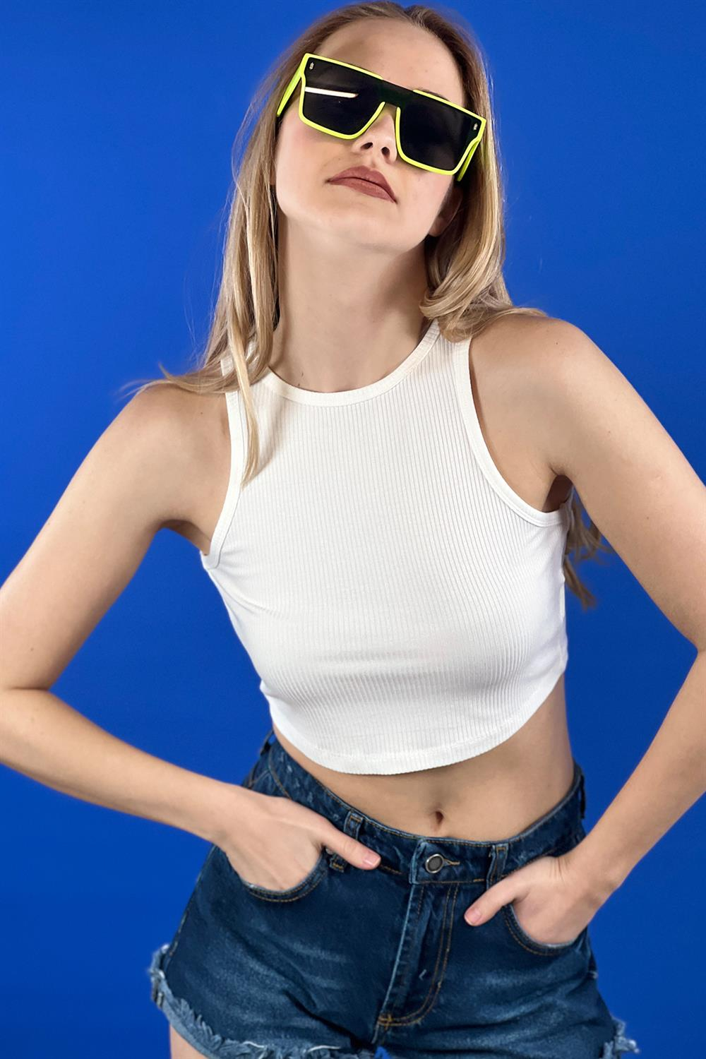 Crop Top Viskon Açık Bel Kolsuz Kısa Basic Atlet Bluz-15348-00