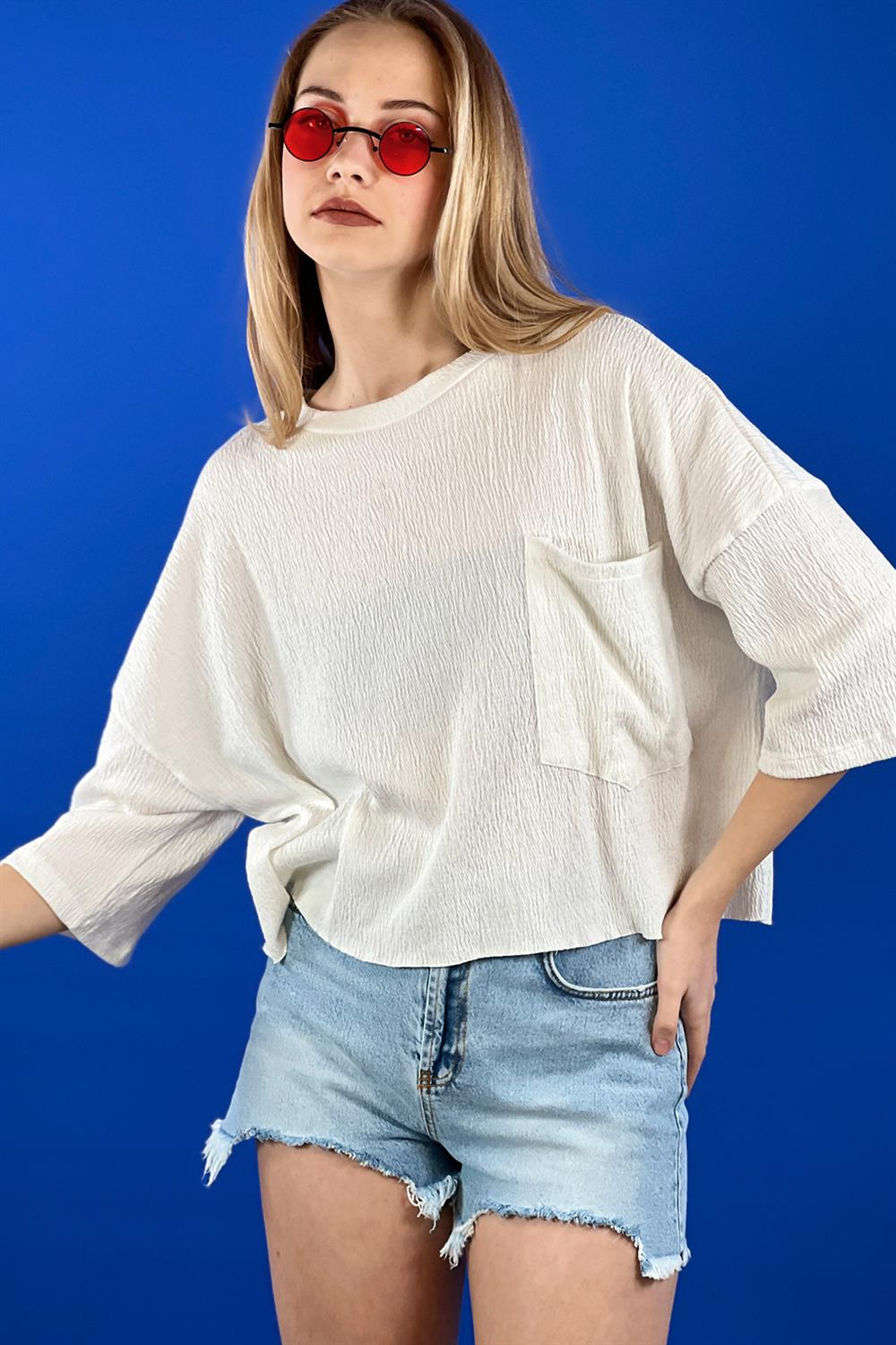Ekru Dökümlü Cepli Ferah Model 3/4 Kol Bluz Tshirt -15358-00