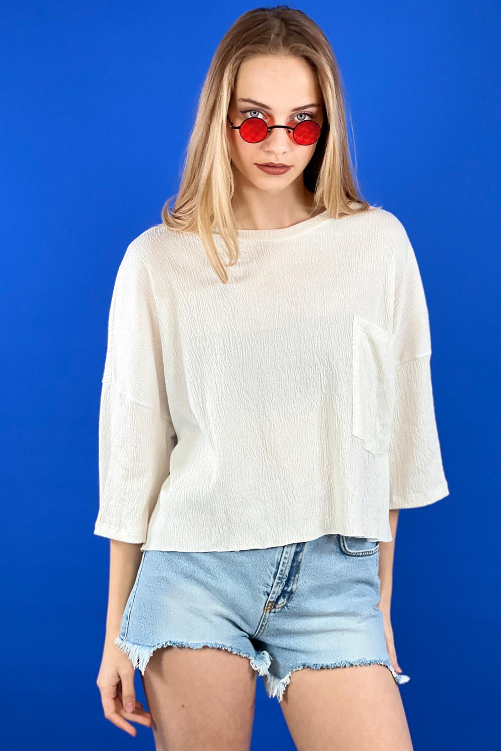 Ekru Dökümlü Cepli Ferah Model 3/4 Kol Bluz Tshirt -15358-00