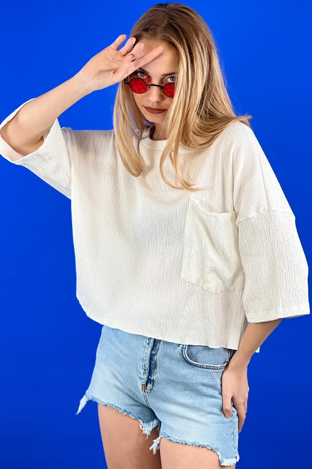 Ekru Dökümlü Cepli Ferah Model 3/4 Kol Bluz Tshirt -15358-00