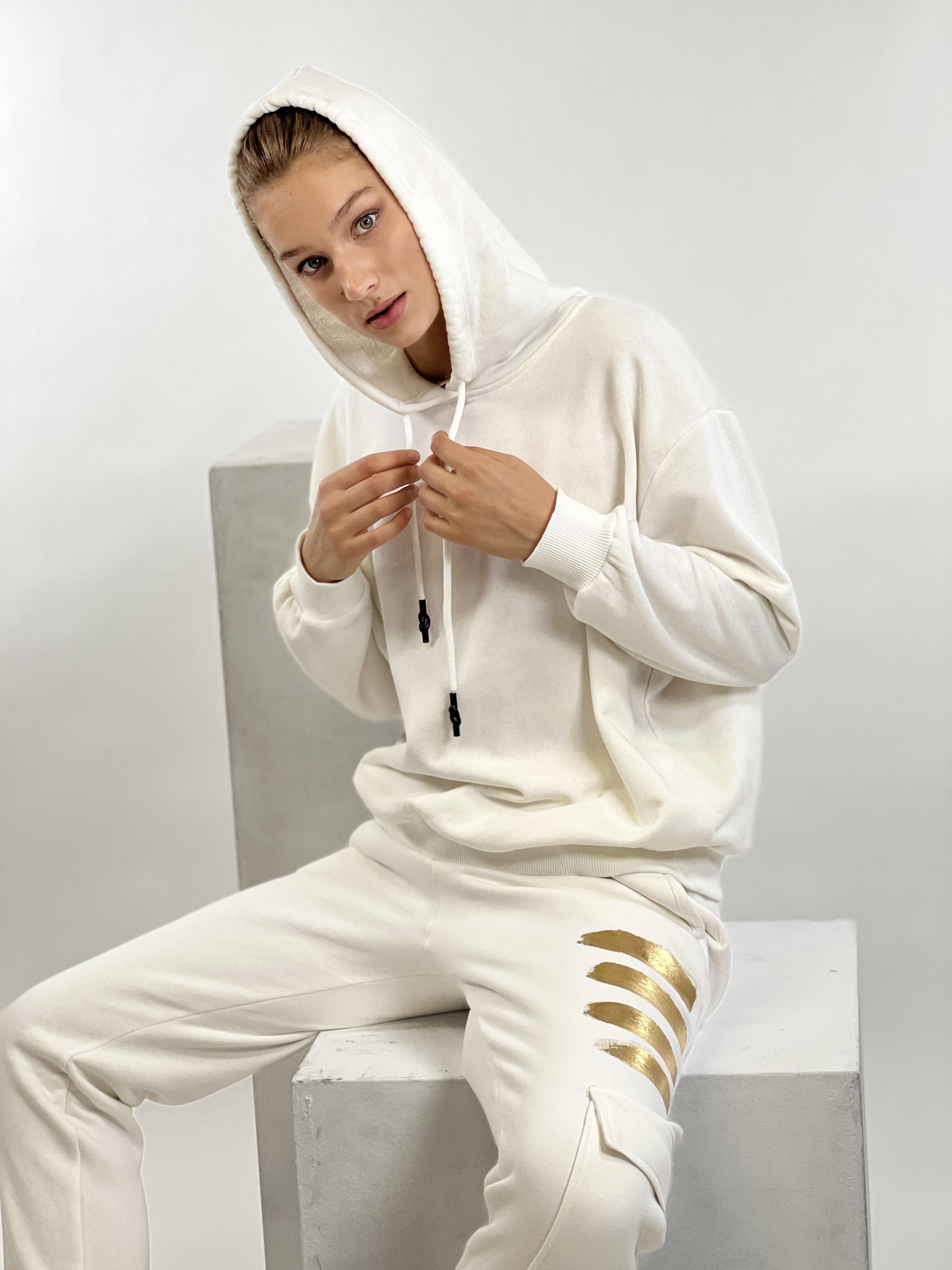 Ekru Kapüşonlu Kordon Detay Basic Örme Sweatshirt-17376-3