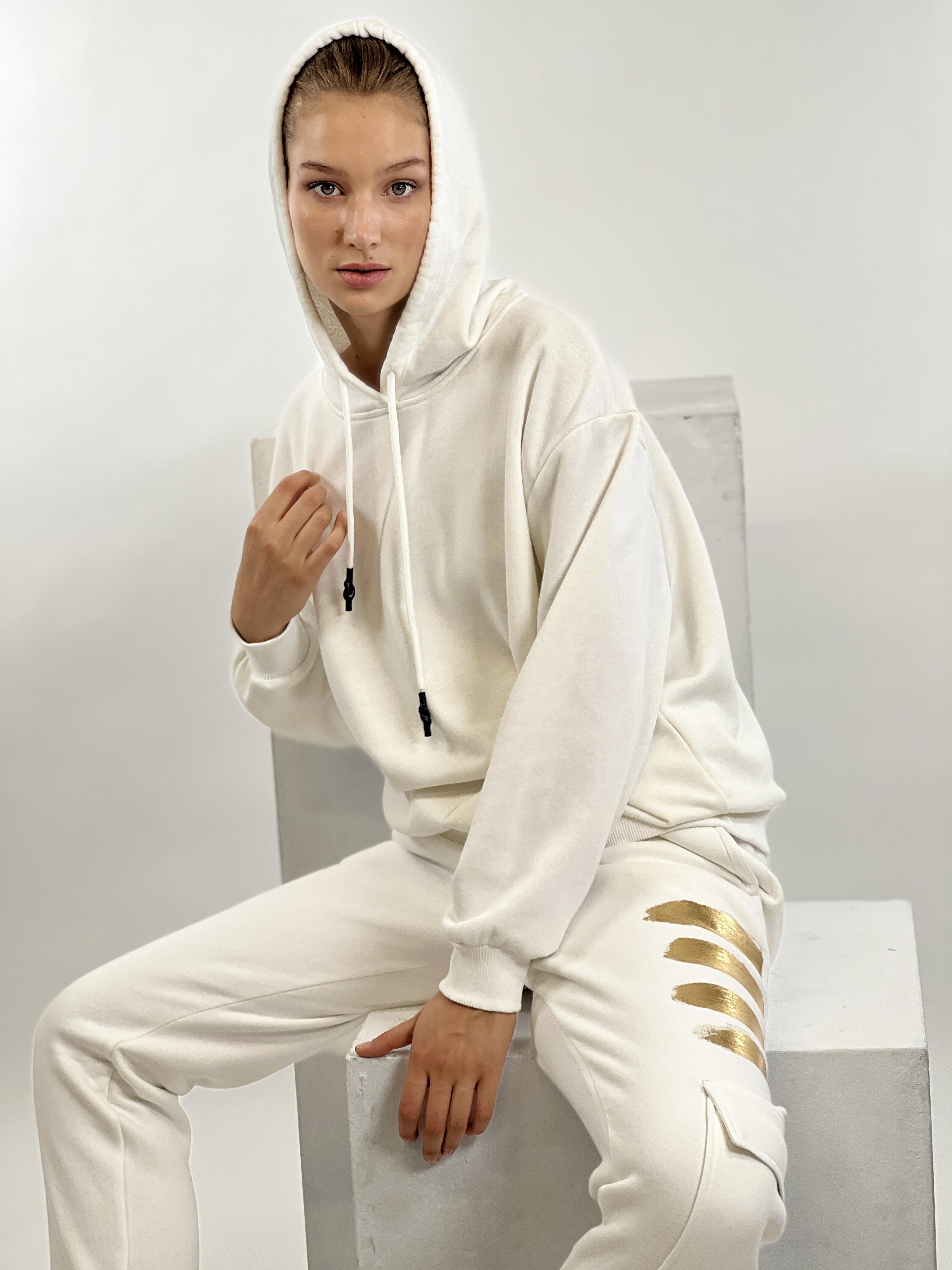 Ekru Kapüşonlu Kordon Detay Basic Örme Sweatshirt-17376-3