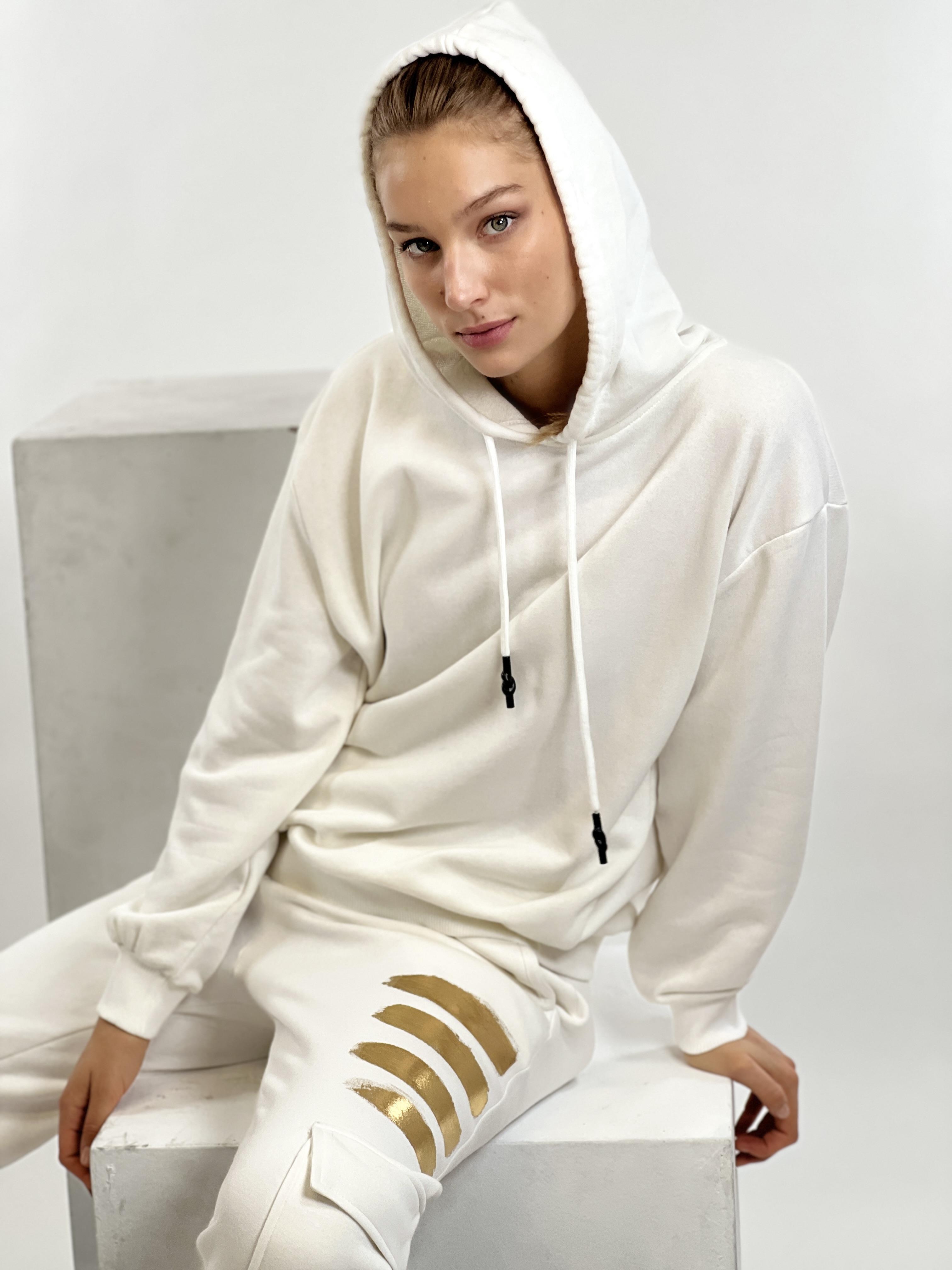 Ekru Kapüşonlu Kordon Detay Basic Örme Sweatshirt-17376-3