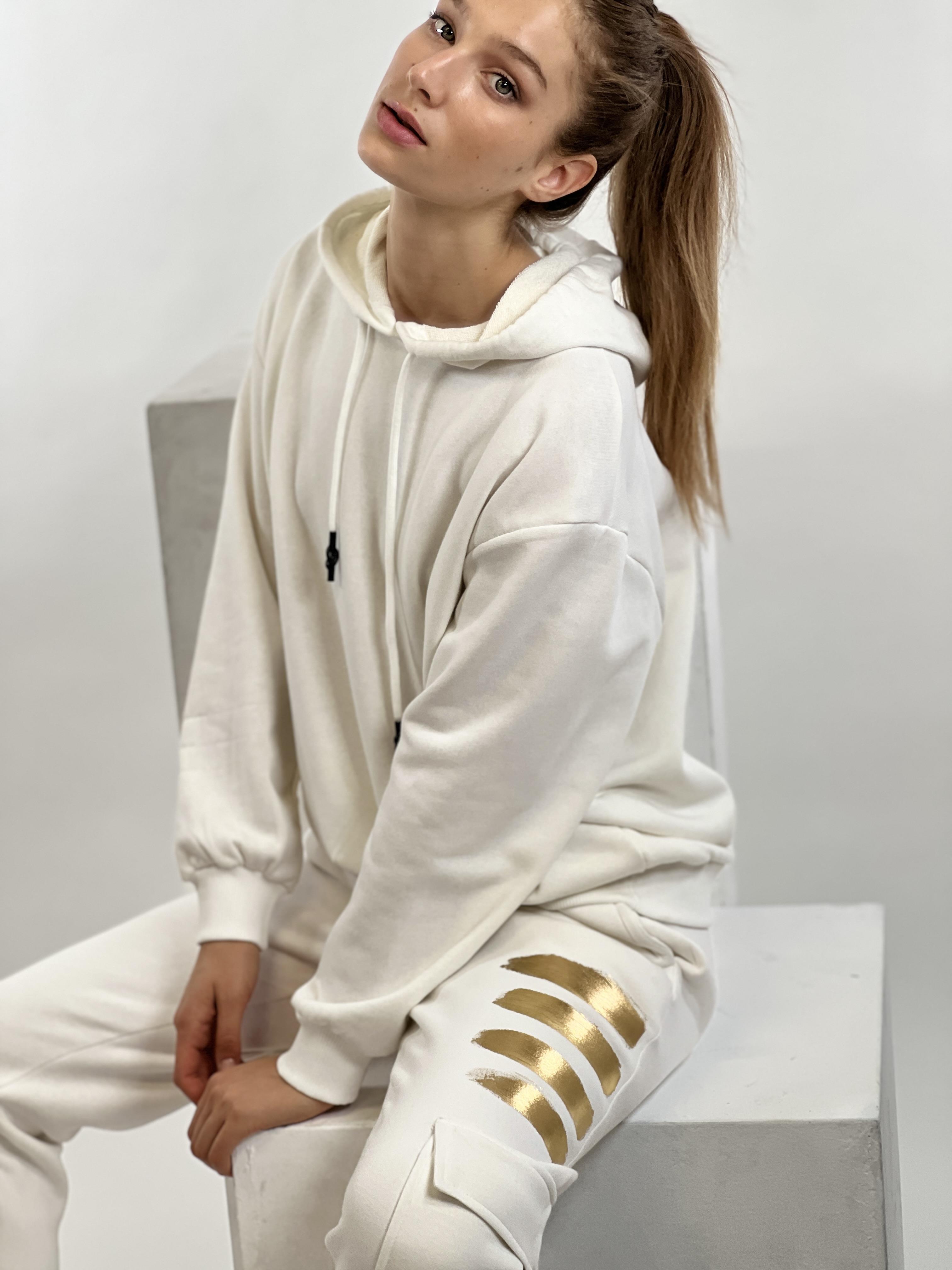 Ekru Kapüşonlu Kordon Detay Basic Örme Sweatshirt-17376-3