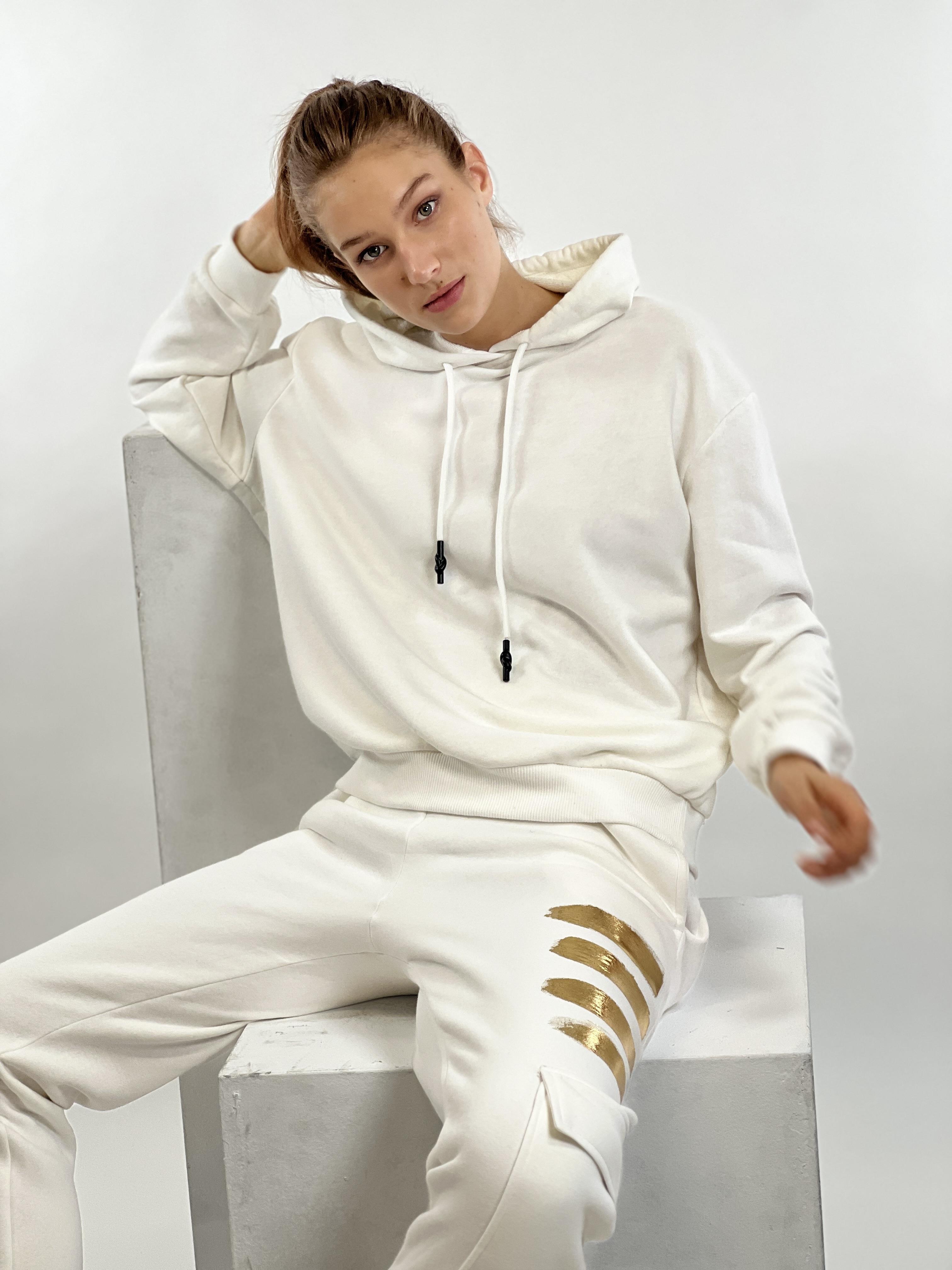 Ekru Kapüşonlu Kordon Detay Basic Örme Sweatshirt-17376-3