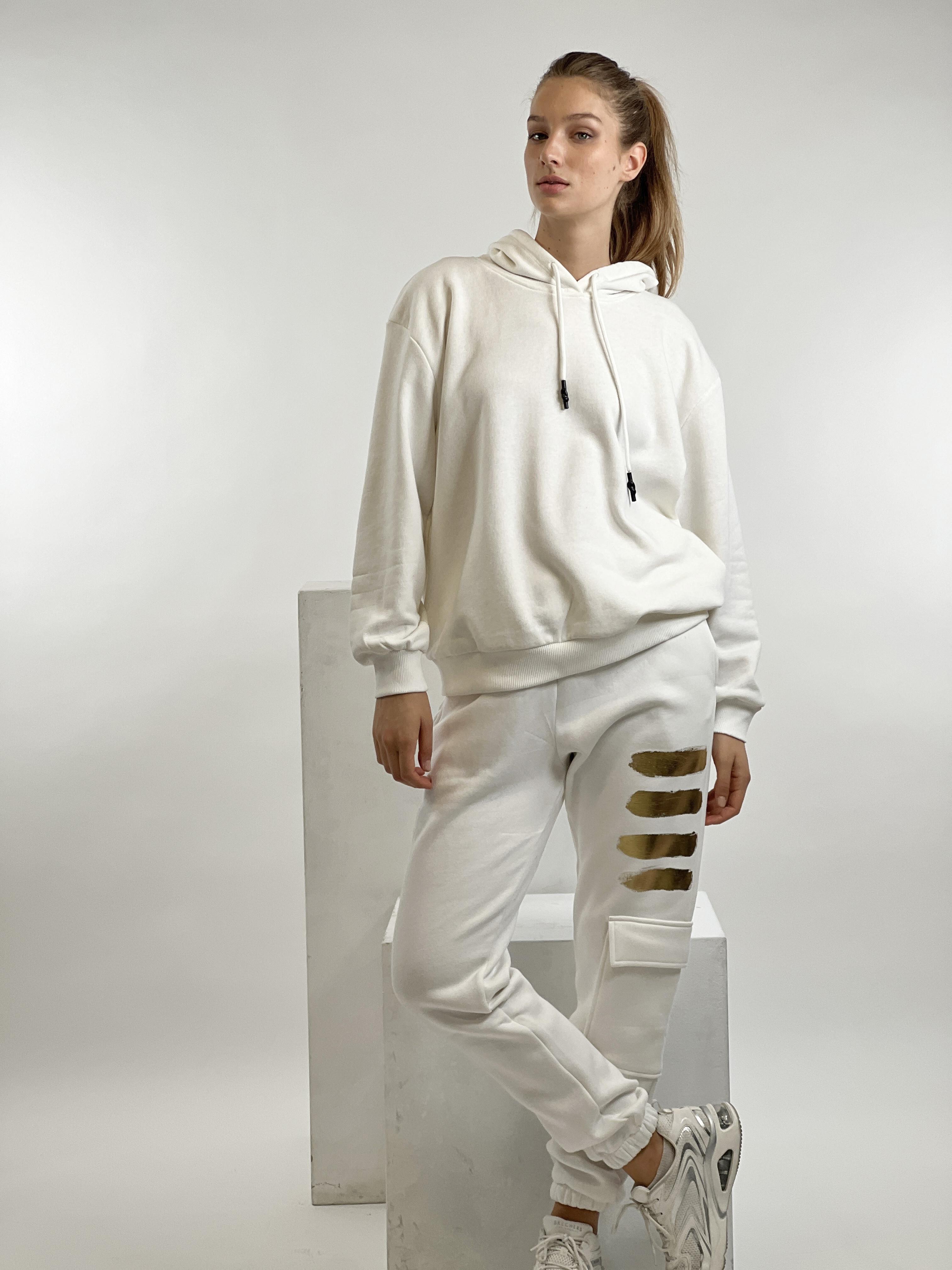 Ekru Kapüşonlu Kordon Detay Basic Örme Sweatshirt-17376-3