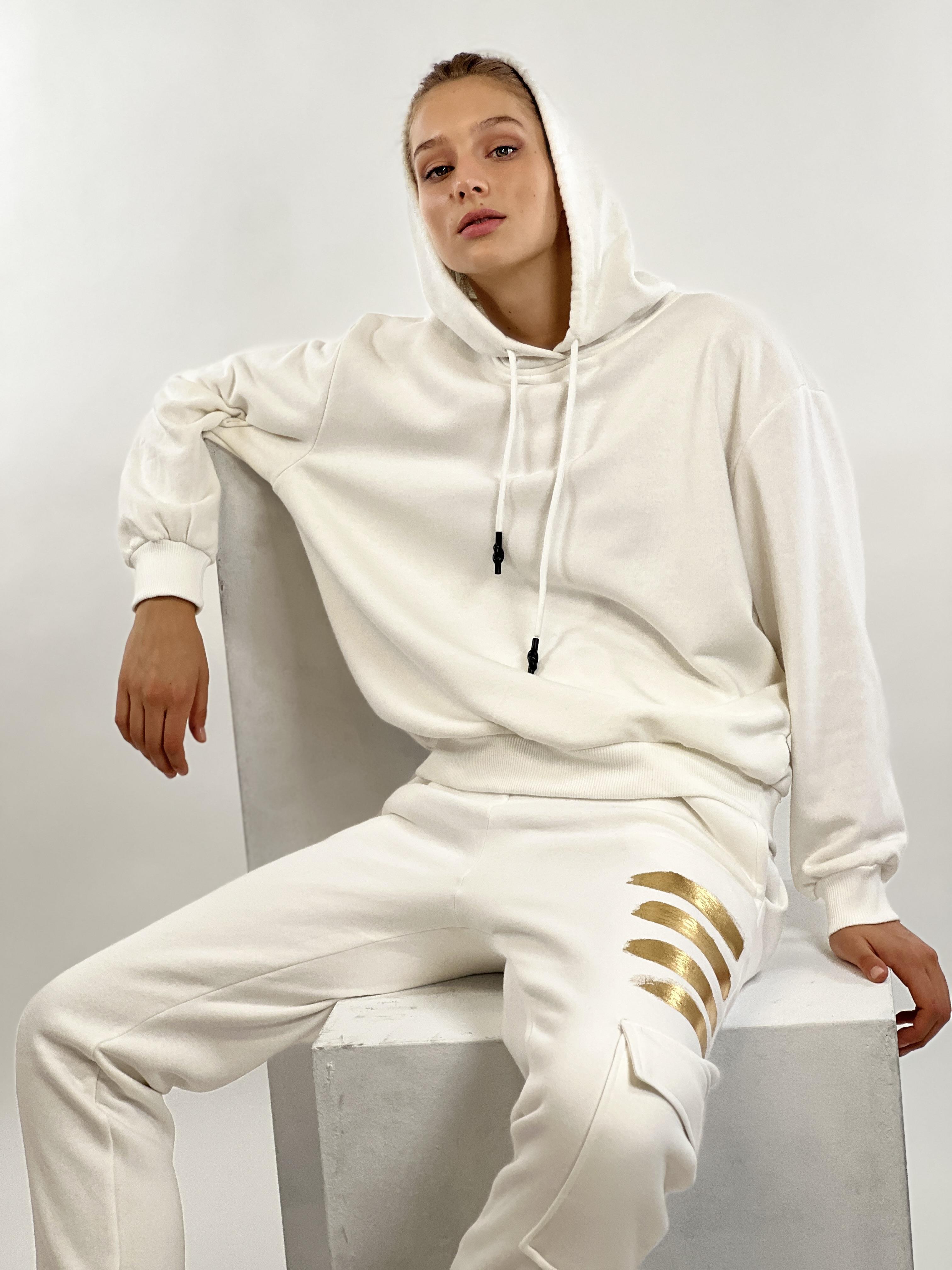 Ekru Kapüşonlu Kordon Detay Basic Örme Sweatshirt-17376-3