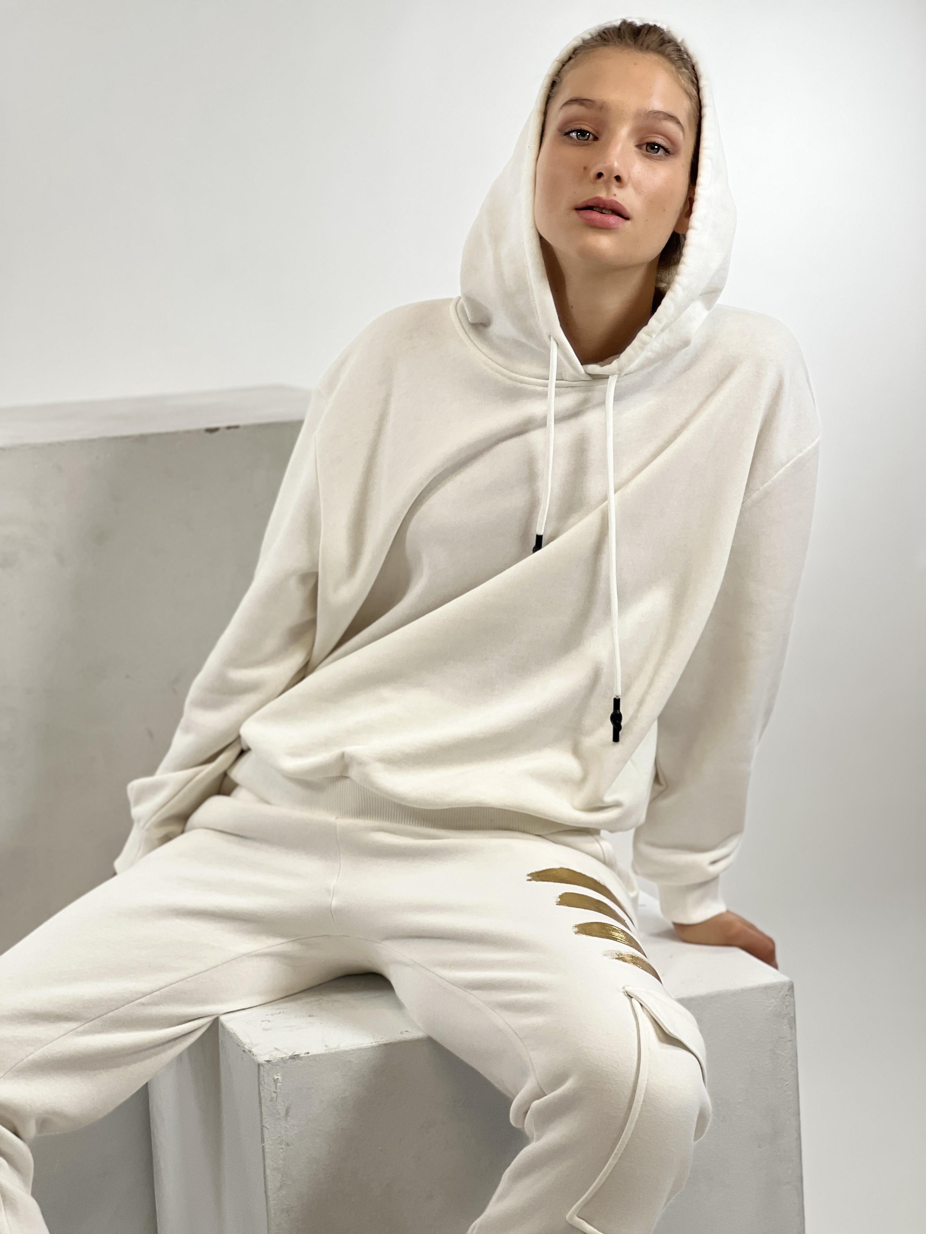Ekru Kapüşonlu Kordon Detay Basic Örme Sweatshirt-17376-3