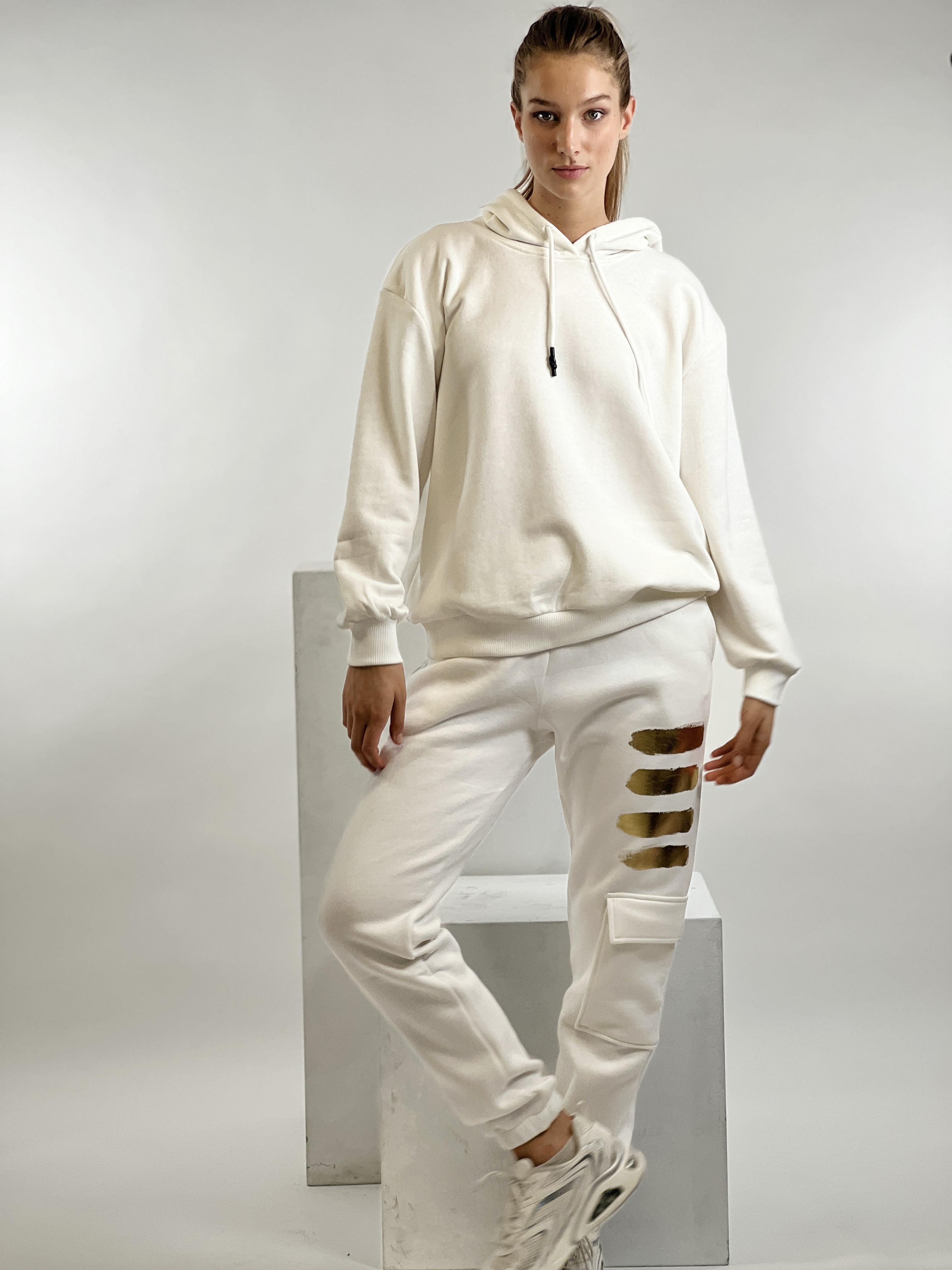 Ekru Kapüşonlu Kordon Detay Basic Örme Sweatshirt-17376-3