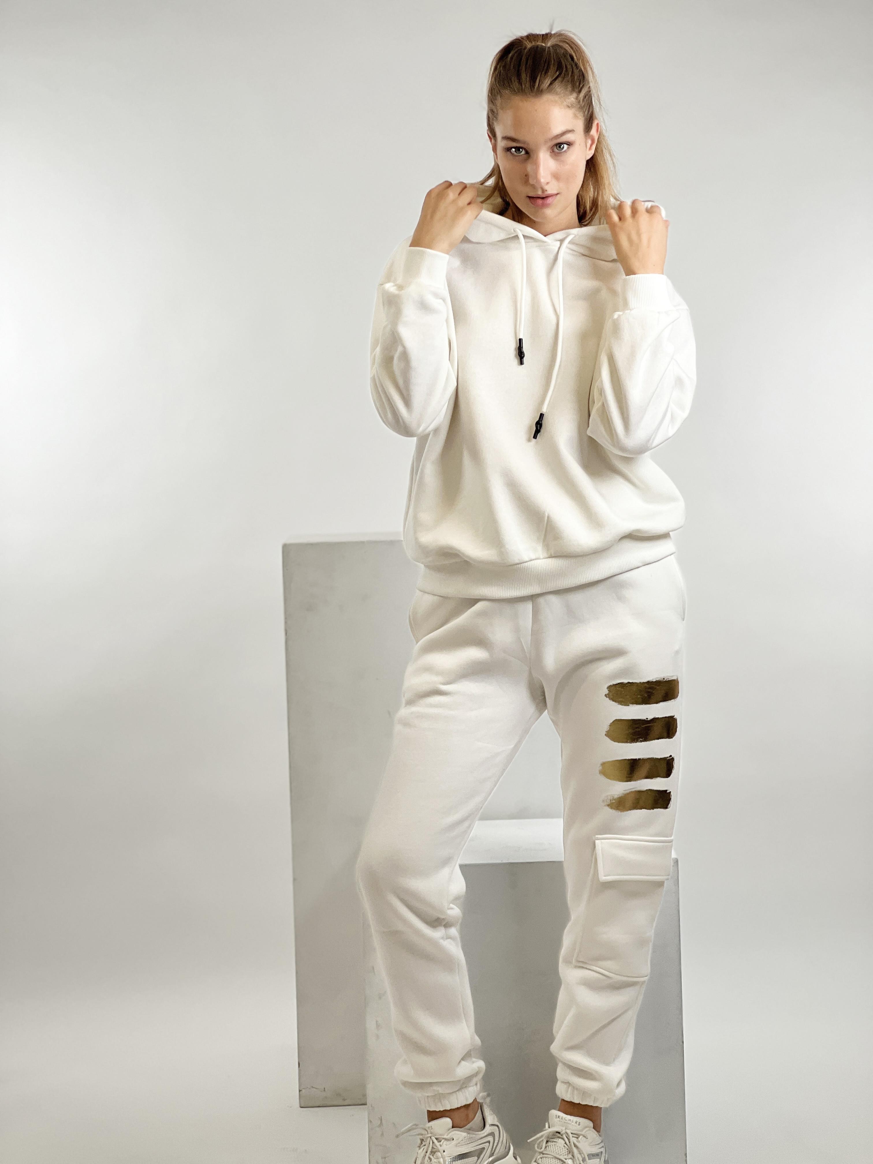 Ekru Kapüşonlu Kordon Detay Basic Örme Sweatshirt-17376-3
