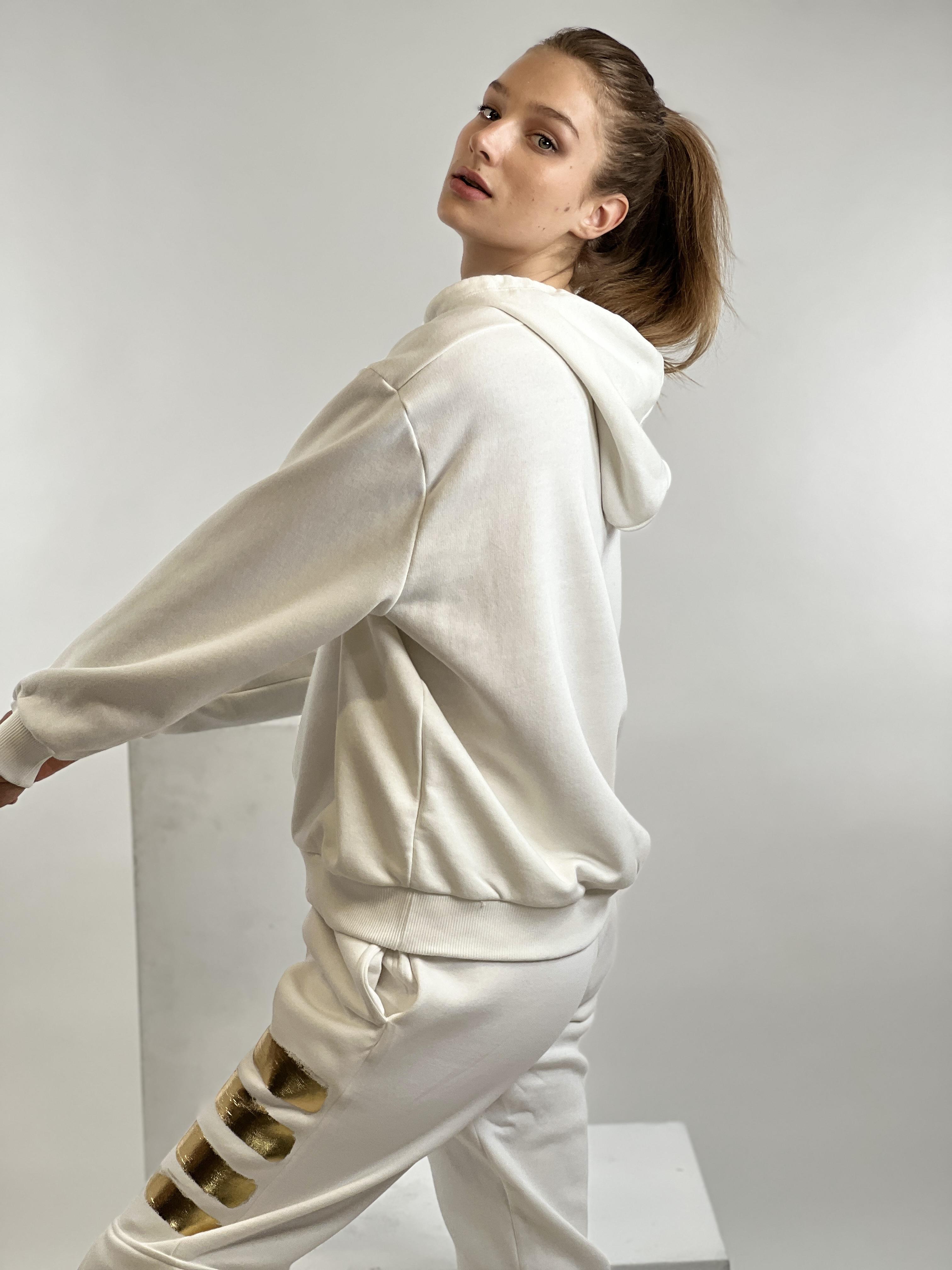 Ekru Kapüşonlu Kordon Detay Basic Örme Sweatshirt-17376-3
