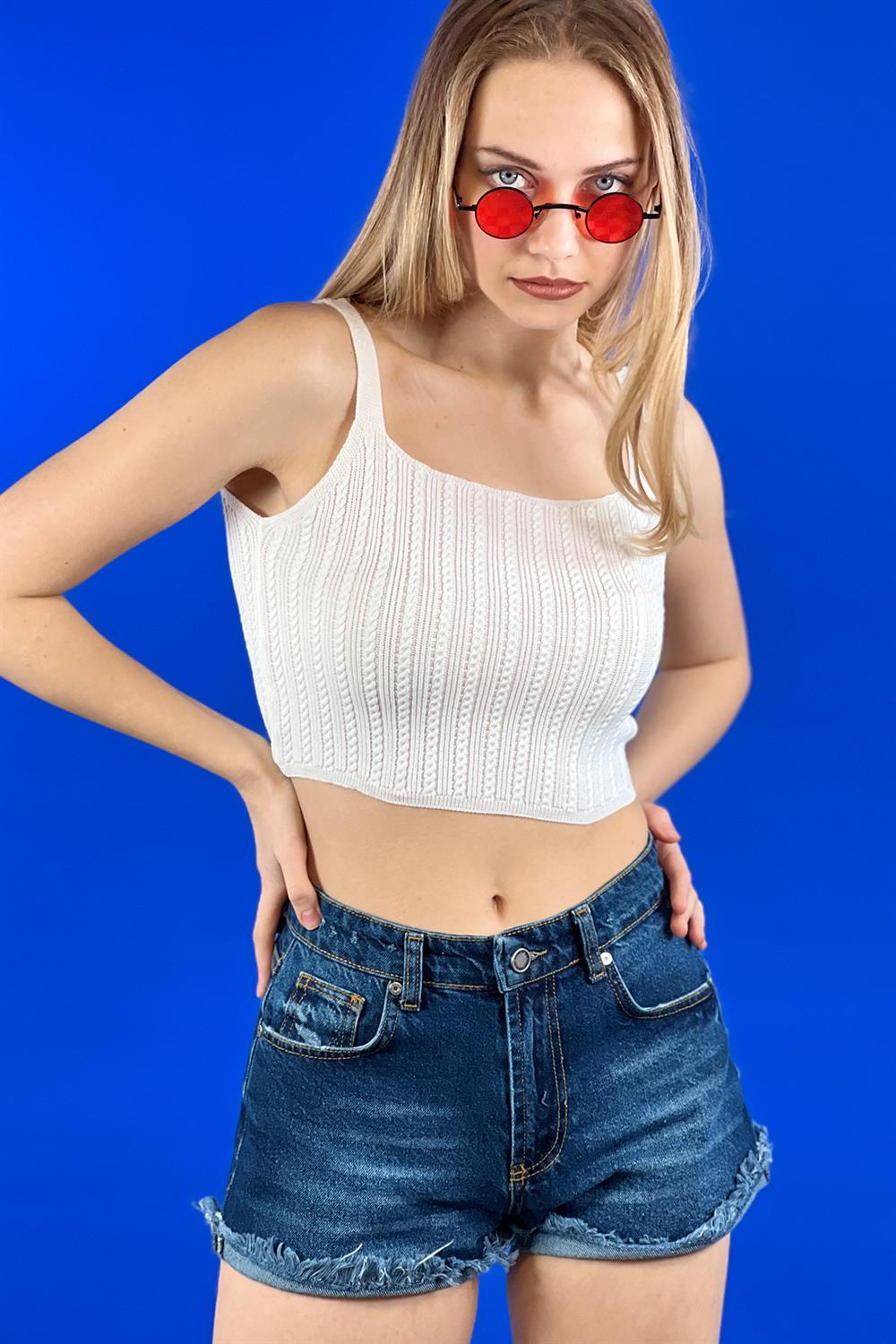 Ekru Omuz Sırt ve Bel Açık Crop Top Kısa Triko Atlet Bluz-33135-00