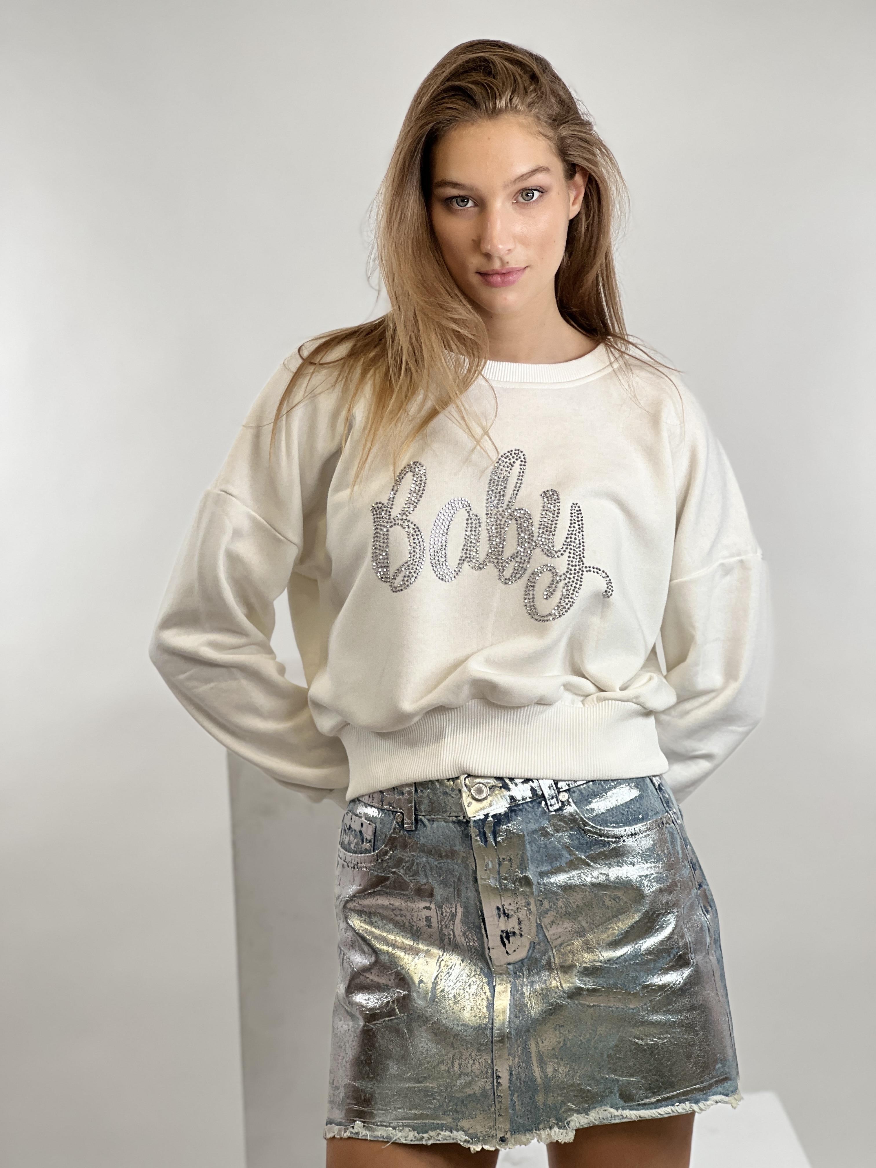 Ekru Taş Baskılı Bisiklet Yaka Basic Kadın Örme Sweatshirt-17372-2