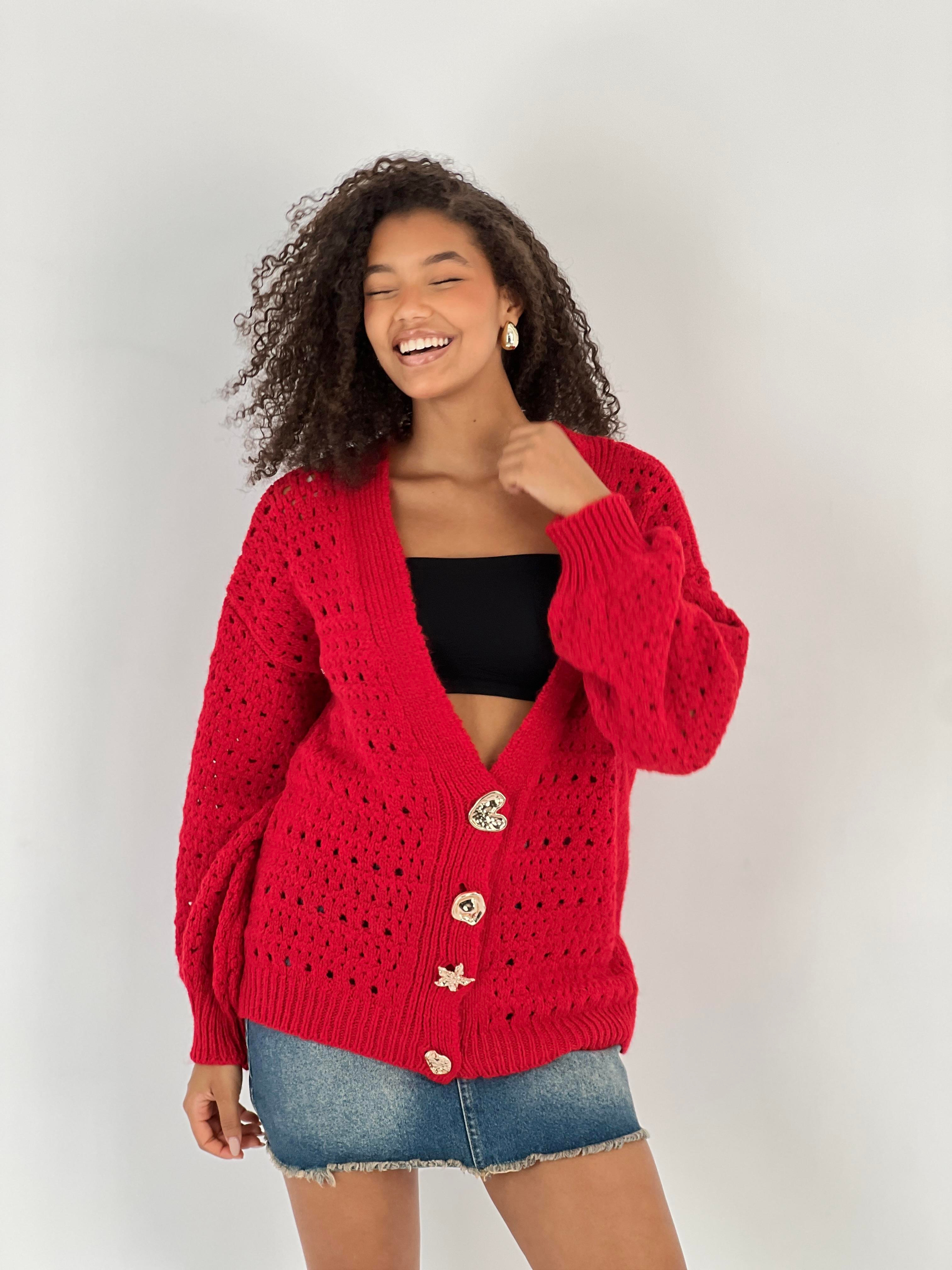 Figürlü Düğmeli Ajurlu Kırmızı Uzun Kollu Kadın Triko Hırka-33164-4