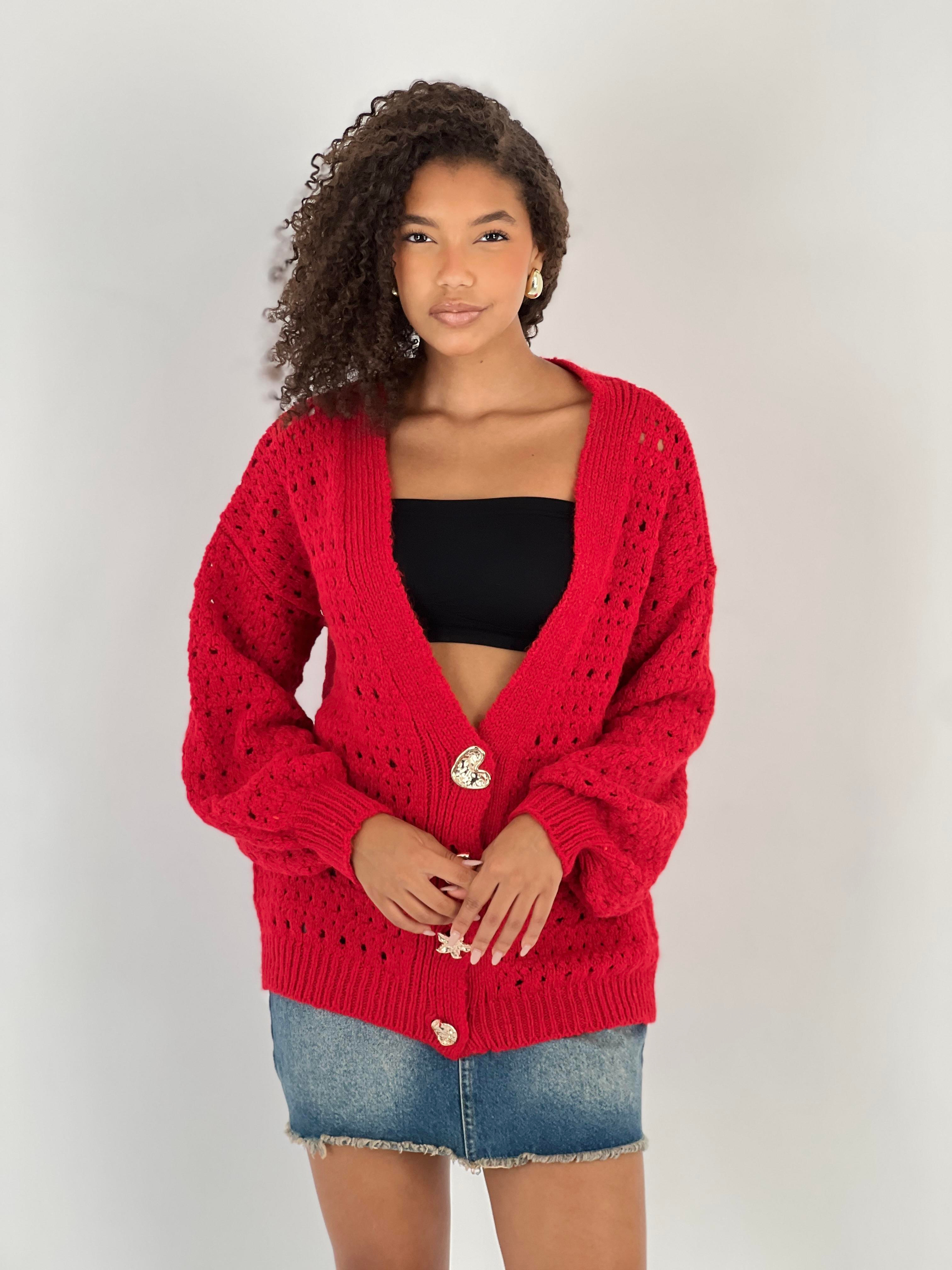 Figürlü Düğmeli Ajurlu Kırmızı Uzun Kollu Kadın Triko Hırka-33164-4