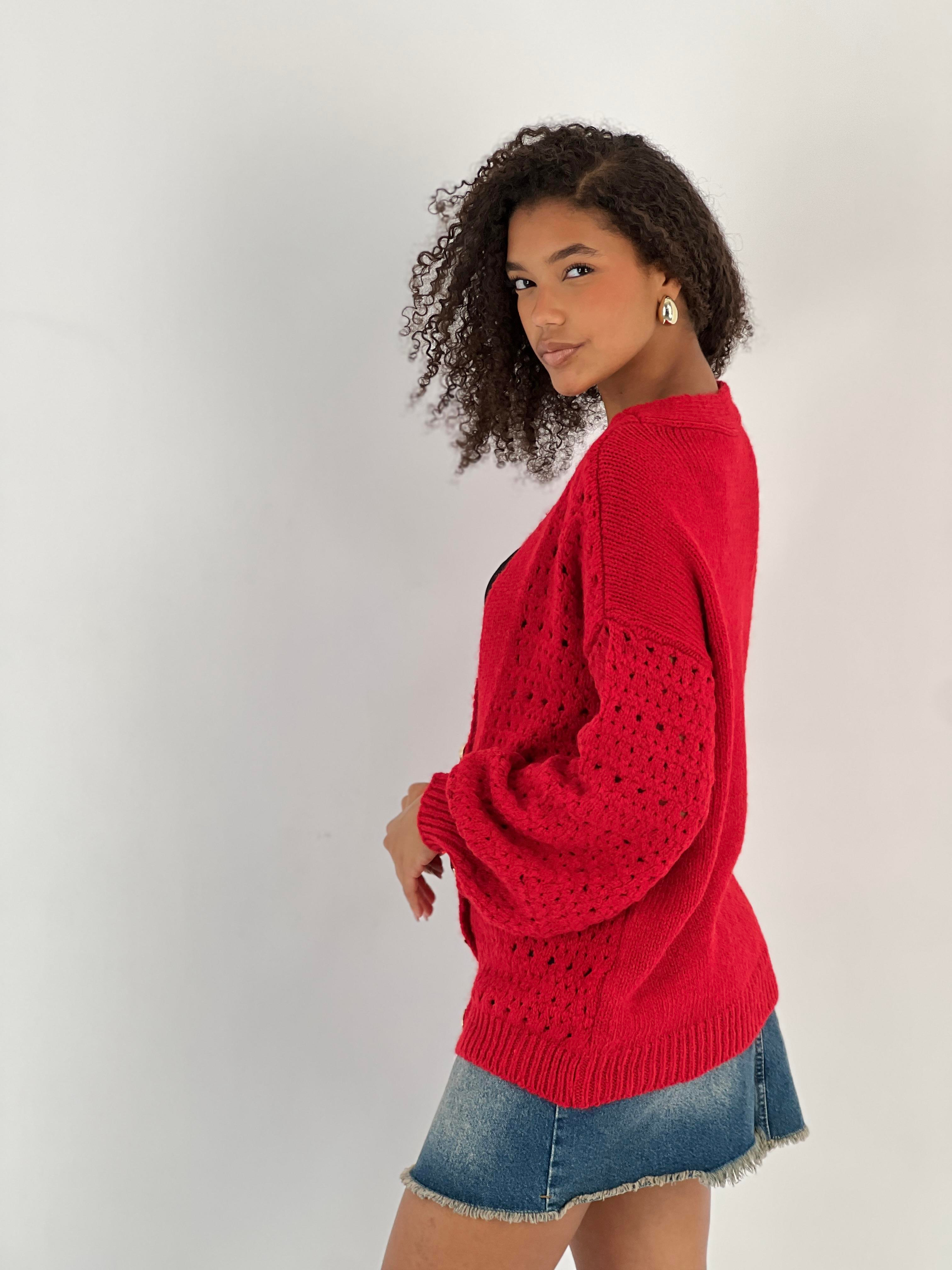 Figürlü Düğmeli Ajurlu Kırmızı Uzun Kollu Kadın Triko Hırka-33164-4