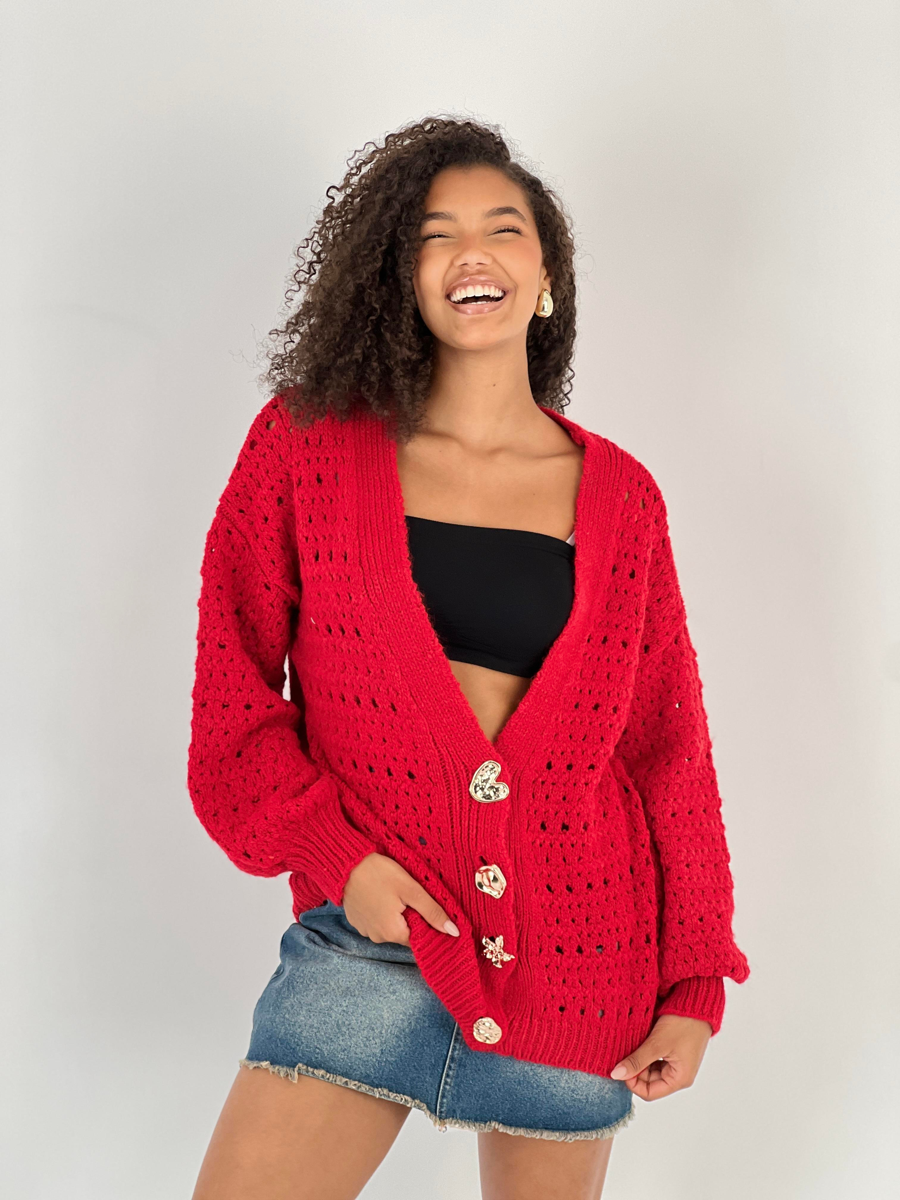 Figürlü Düğmeli Ajurlu Kırmızı Uzun Kollu Kadın Triko Hırka-33164-4