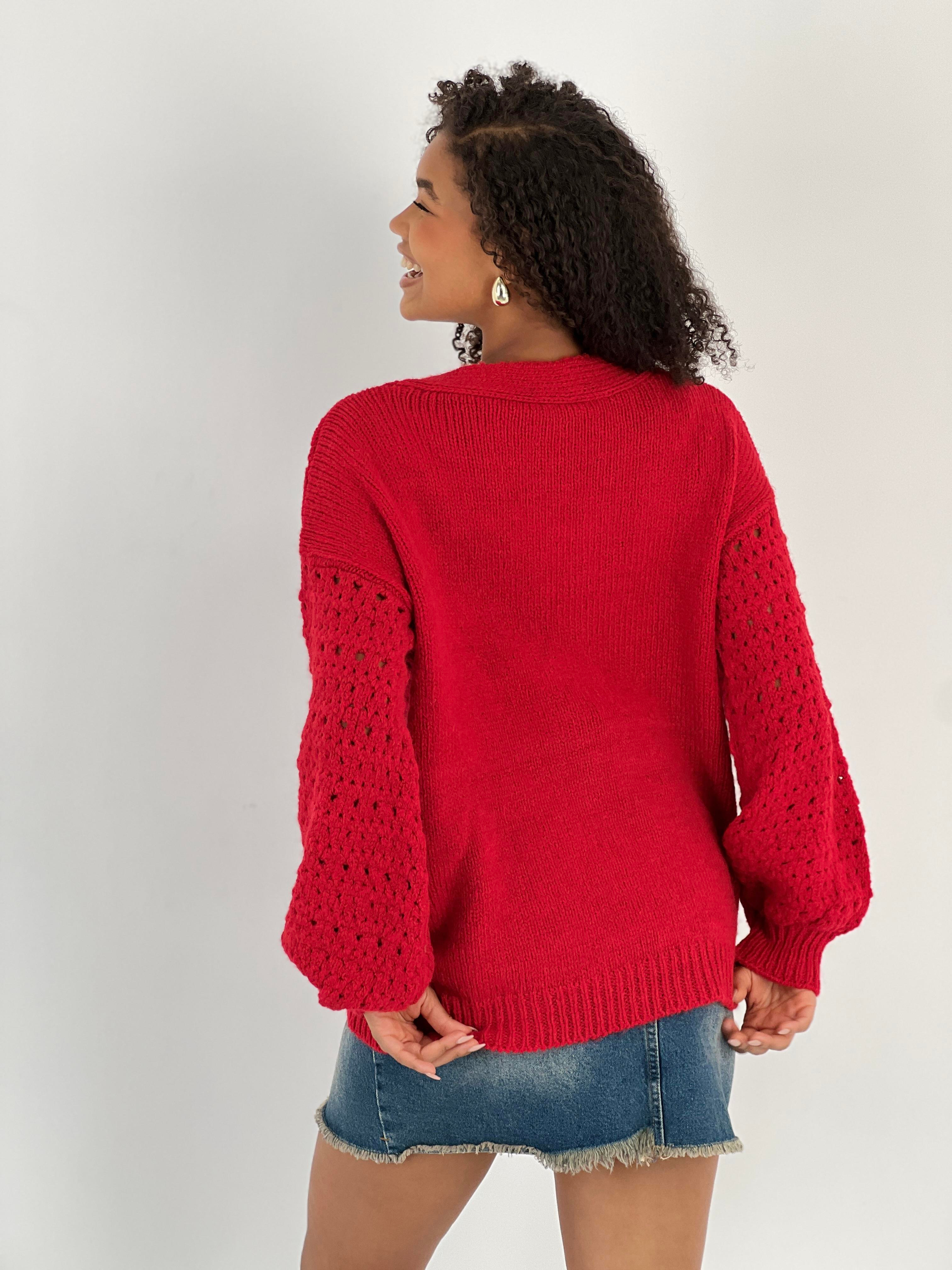 Figürlü Düğmeli Ajurlu Kırmızı Uzun Kollu Kadın Triko Hırka-33164-4