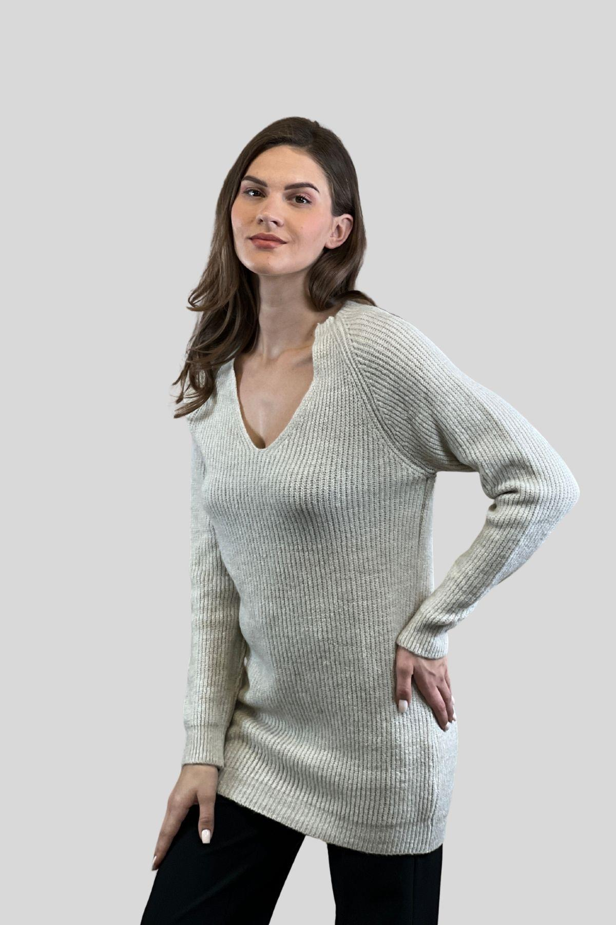 Geniş V Yaka Uzun Basic Kadın Triko Kazak-32921-0