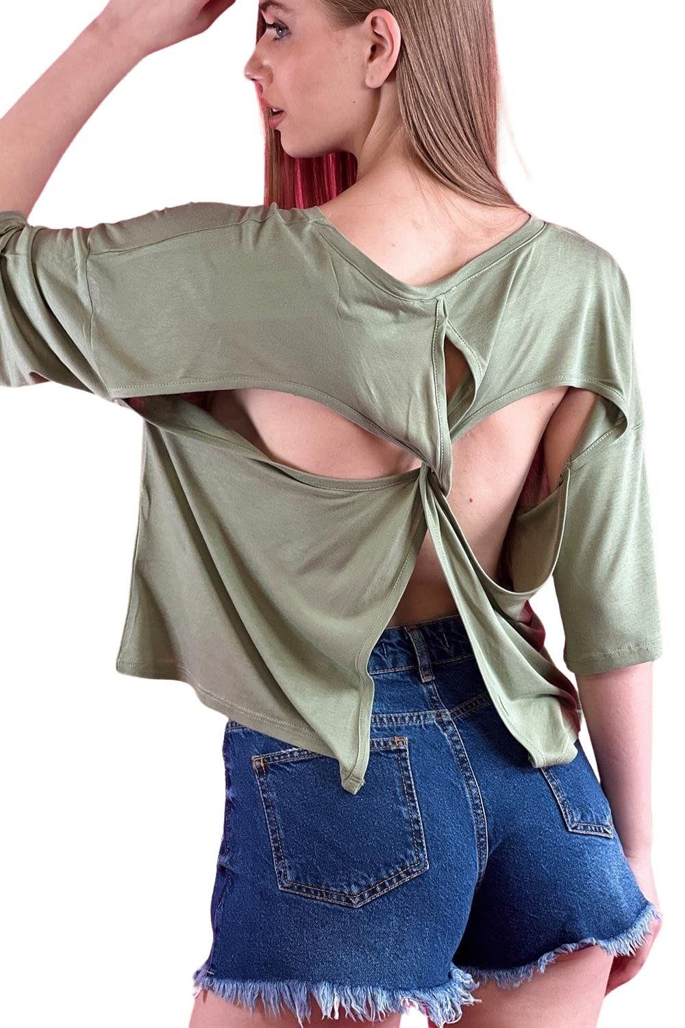 Haki Bisiklet Yaka Açık Bel ve Sırt Dekolteli Dökümlü Bol Kesim Basic Kadın Crop T-shirt-15479-00