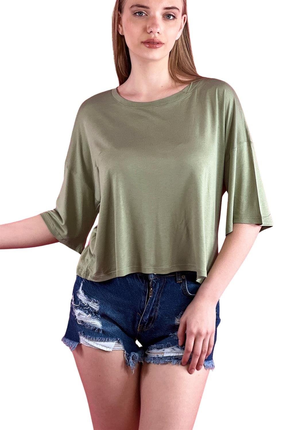 Haki Bisiklet Yaka Açık Bel ve Sırt Dekolteli Dökümlü Bol Kesim Basic Kadın Crop T-shirt-15479-00