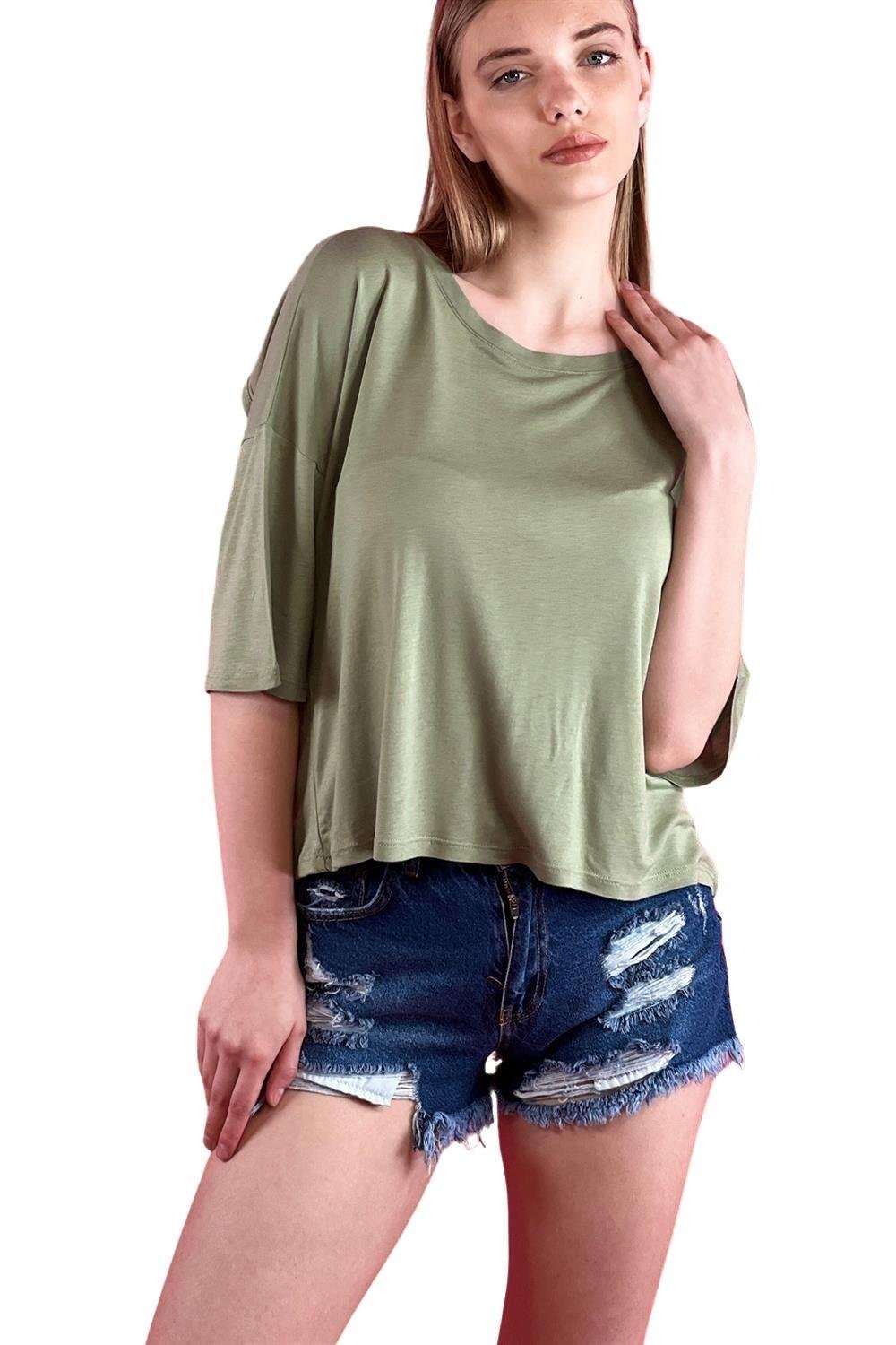 Haki Bisiklet Yaka Açık Bel ve Sırt Dekolteli Dökümlü Bol Kesim Basic Kadın Crop T-shirt-15479-00