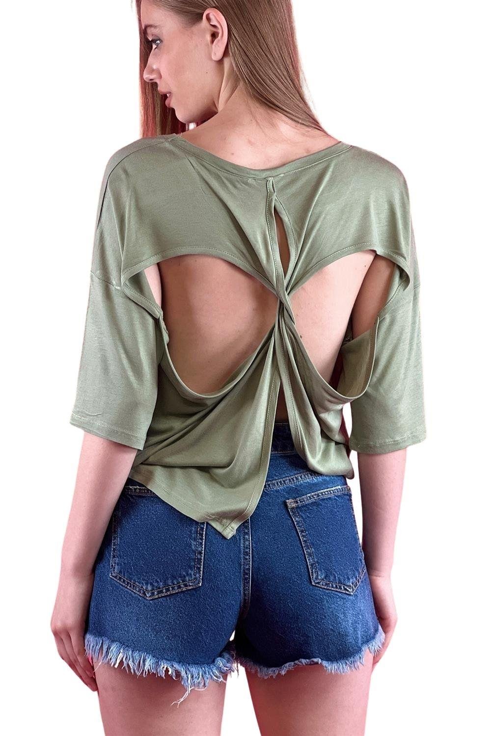 Haki Bisiklet Yaka Açık Bel ve Sırt Dekolteli Dökümlü Bol Kesim Basic Kadın Crop T-shirt-15479-00