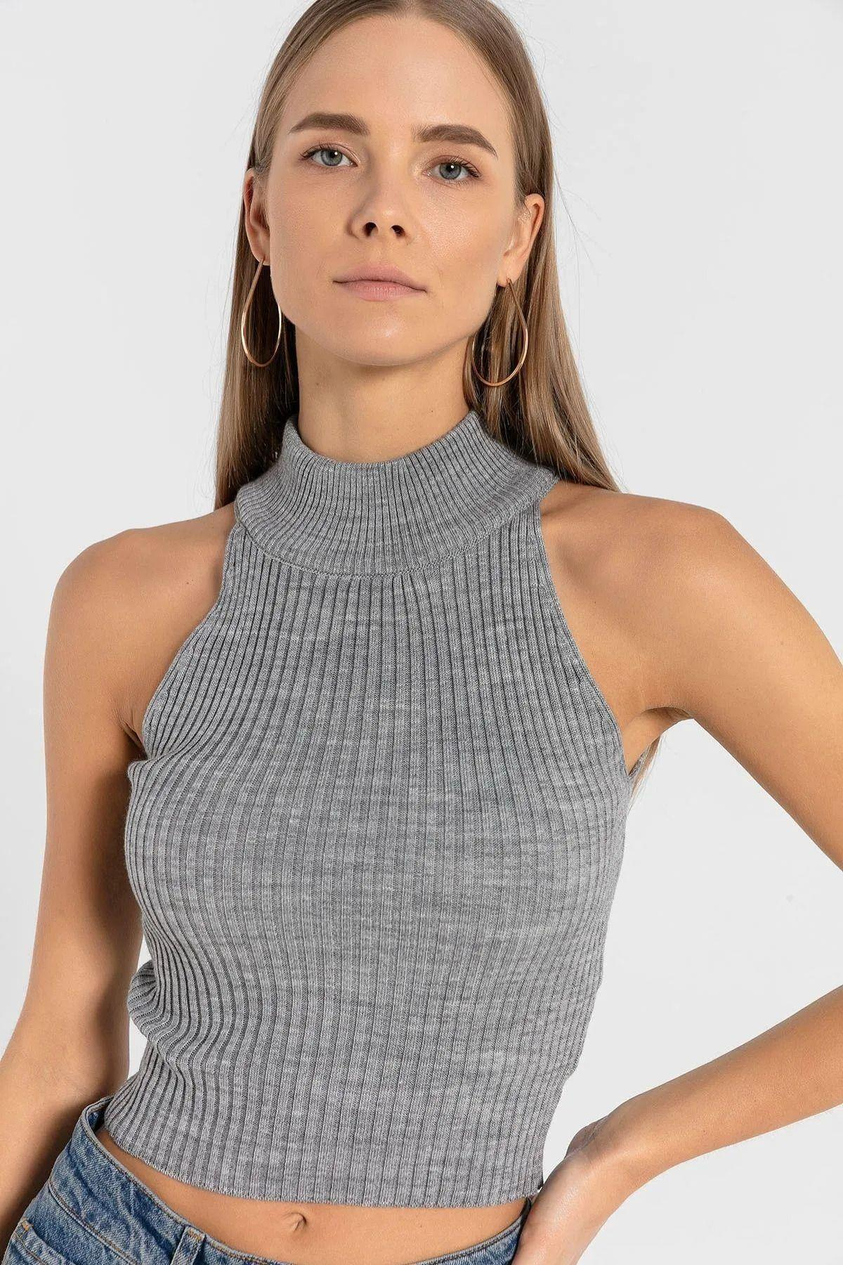 Kadın 2 Li Boğazlı Balıkçı Yaka Basic Crop Triko Kazak-32911-12LİKS-SM