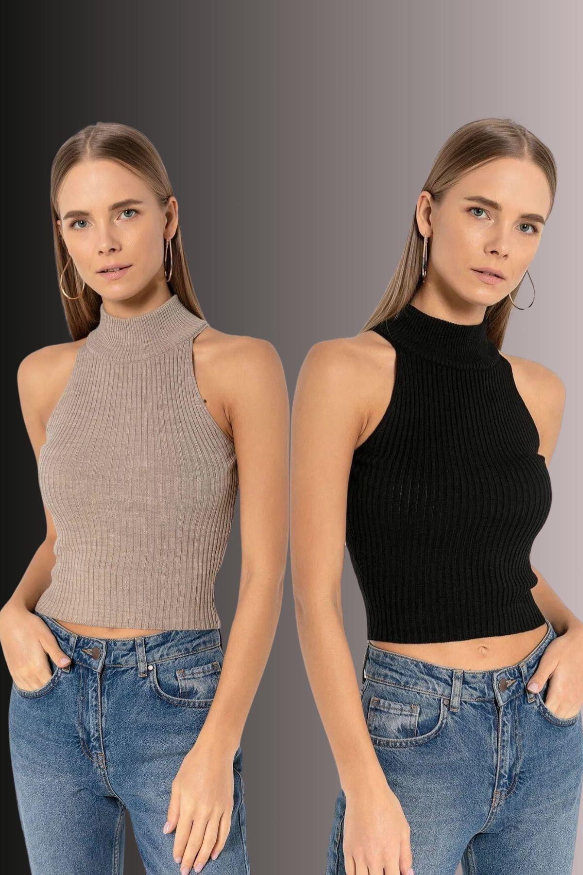 Kadın 2 Li Boğazlı Balıkçı Yaka Basic Crop Triko Kazak-32911-12LİKS-SM