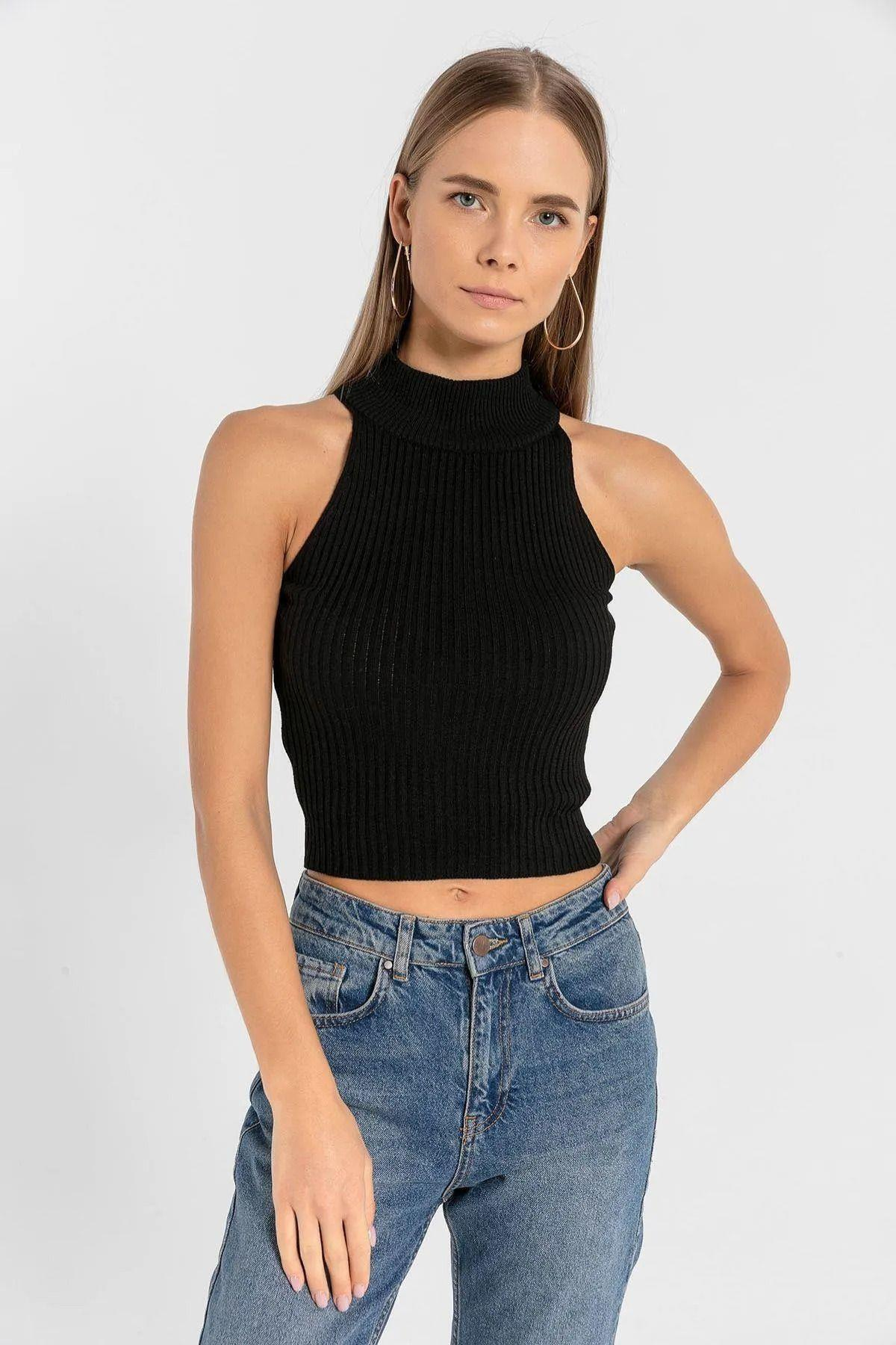 Kadın 2 Li Boğazlı Balıkçı Yaka Basic Crop Triko Kazak-32911-12LİKS-SM