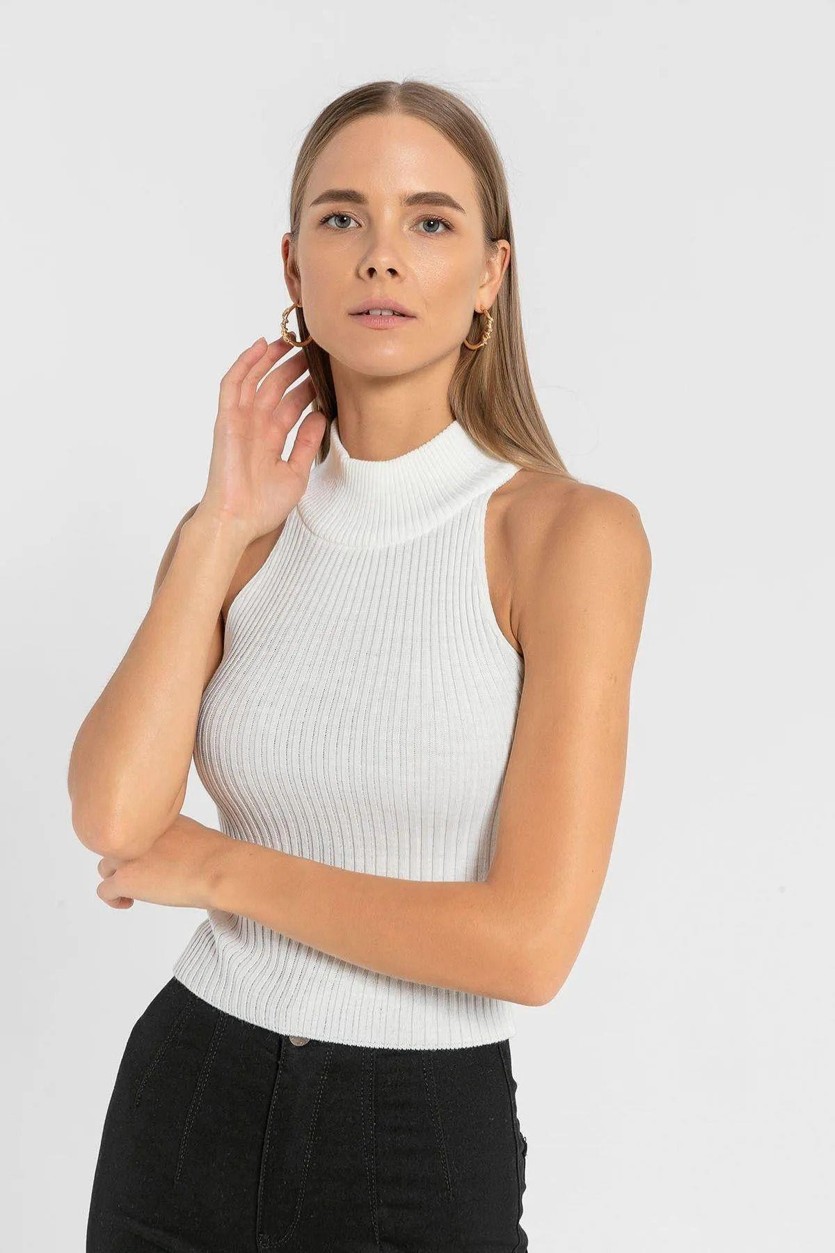 Kadın 2 Li Boğazlı Balıkçı Yaka Basic Crop Triko Kazak-32911-12LİKS-SM
