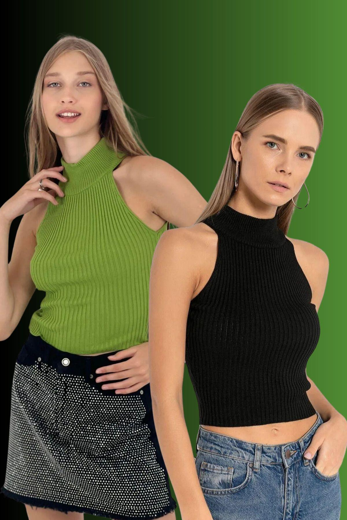 Kadın 2 Li Boğazlı Balıkçı Yaka Basic Crop Triko Kazak-32911-12LİKS-SM