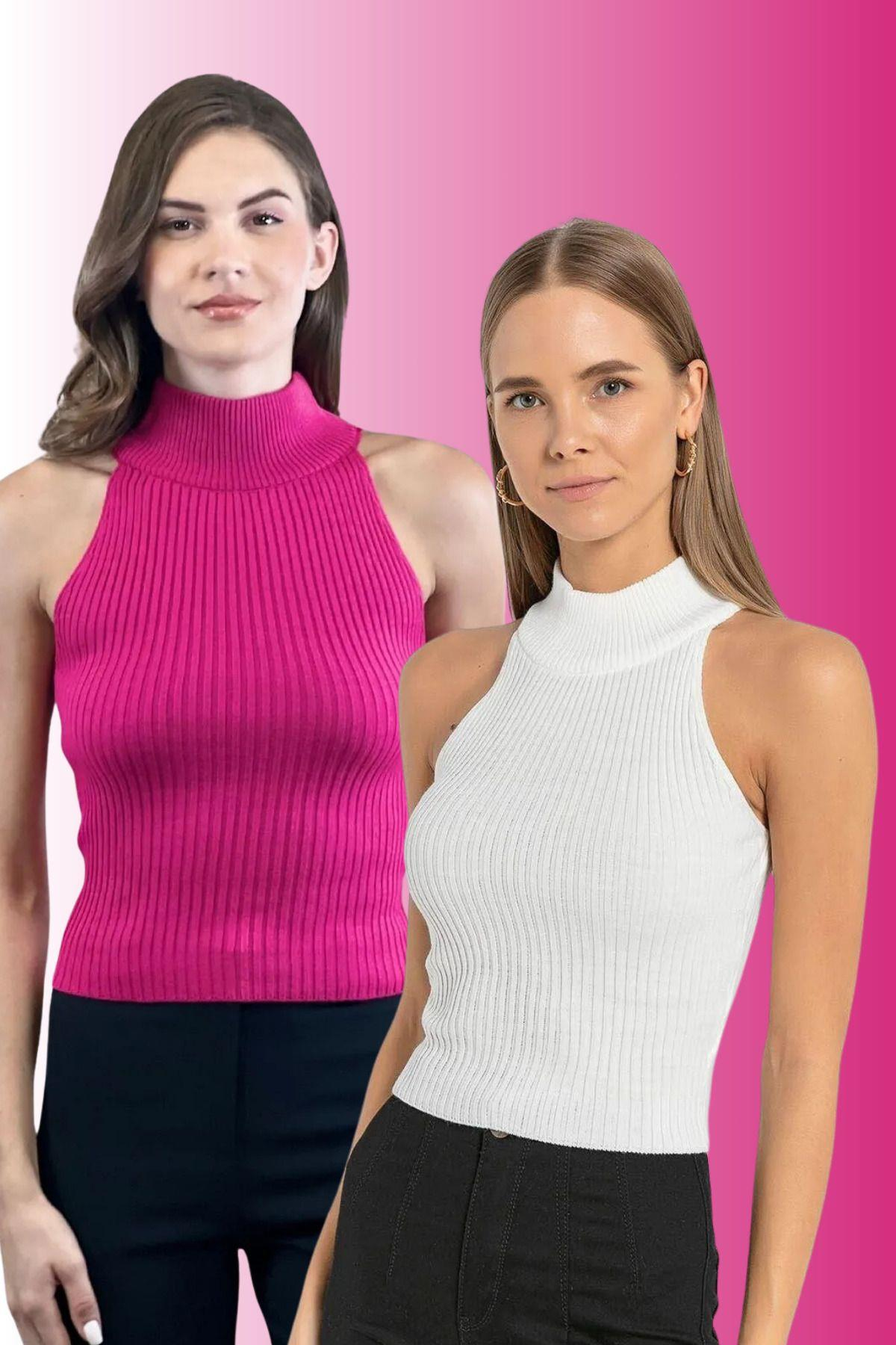 Kadın 2 Li Boğazlı Balıkçı Yaka Basic Crop Triko Kazak-32911-12LİKS-SM
