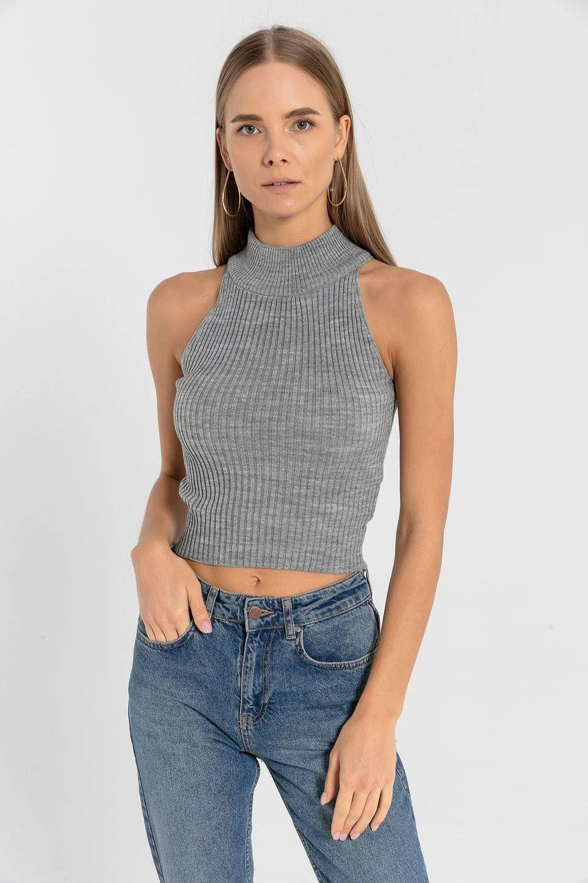 Kadın 2 Li Boğazlı Balıkçı Yaka Basic Crop Triko Kazak-32911-12LİKS-SM