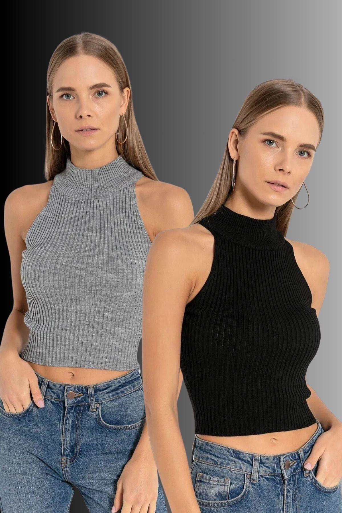 Kadın 2 Li Boğazlı Balıkçı Yaka Basic Crop Triko Kazak-32911-12LİKS-SM