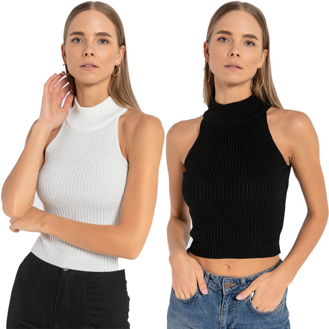 Kadın 2'li Kolsuz Fitilli Triko Kazak-329112Lİ-SM