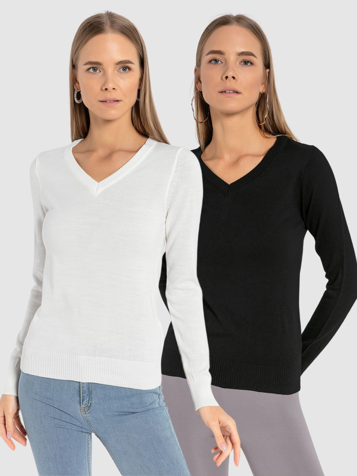 Kadın 2li V Yaka Triko Kazak-328062Lİ-SM
