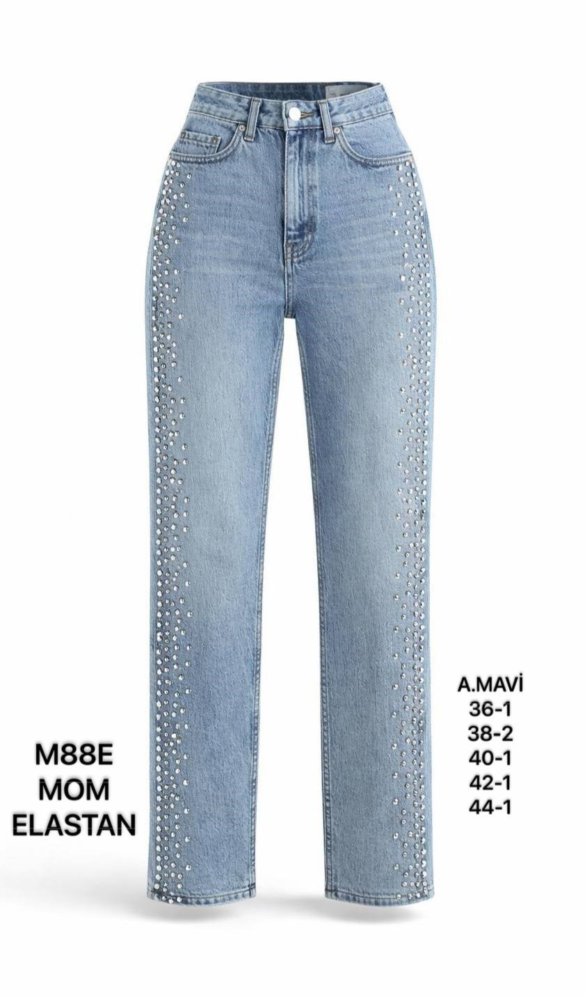 Kadın A.Mavi Yanları Taş Detaylı Mom Fit Jean Pantolon-26Y01M88E-6