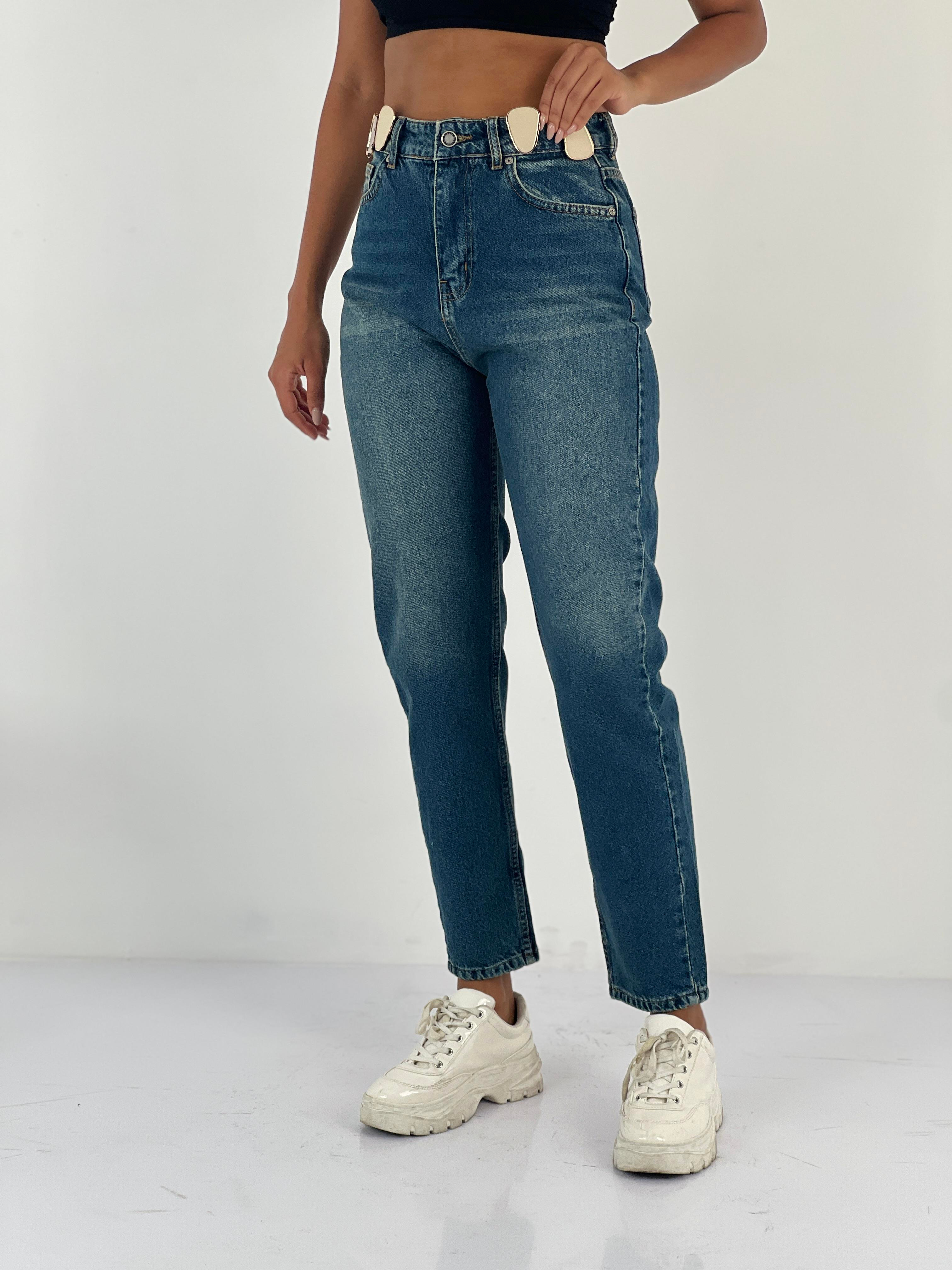 Kadın Aksesuar Detaylı Yüksek Bel Mom Mavi Jean Pantolon-72738-74