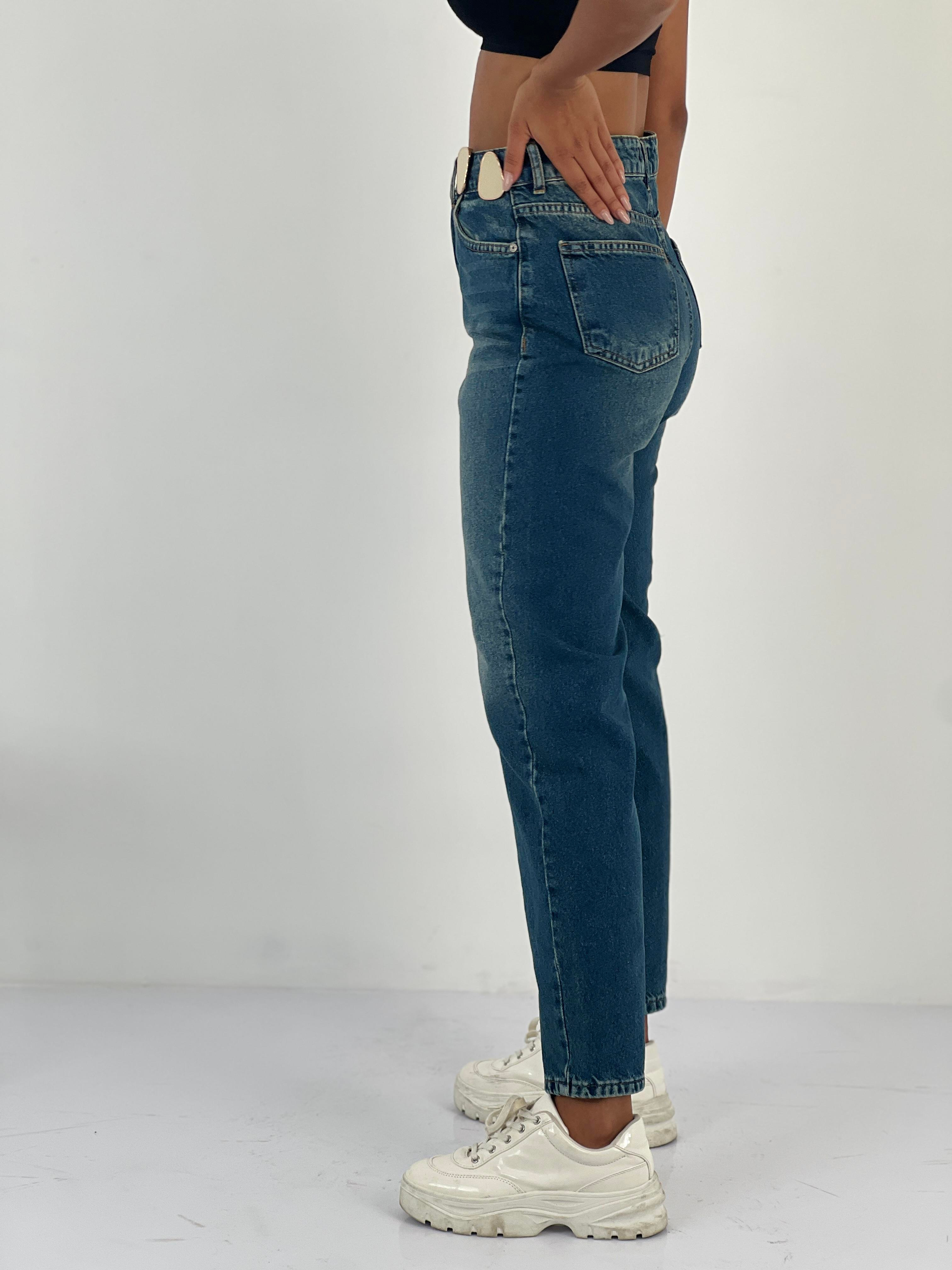 Kadın Aksesuar Detaylı Yüksek Bel Mom Mavi Jean Pantolon-72738-74