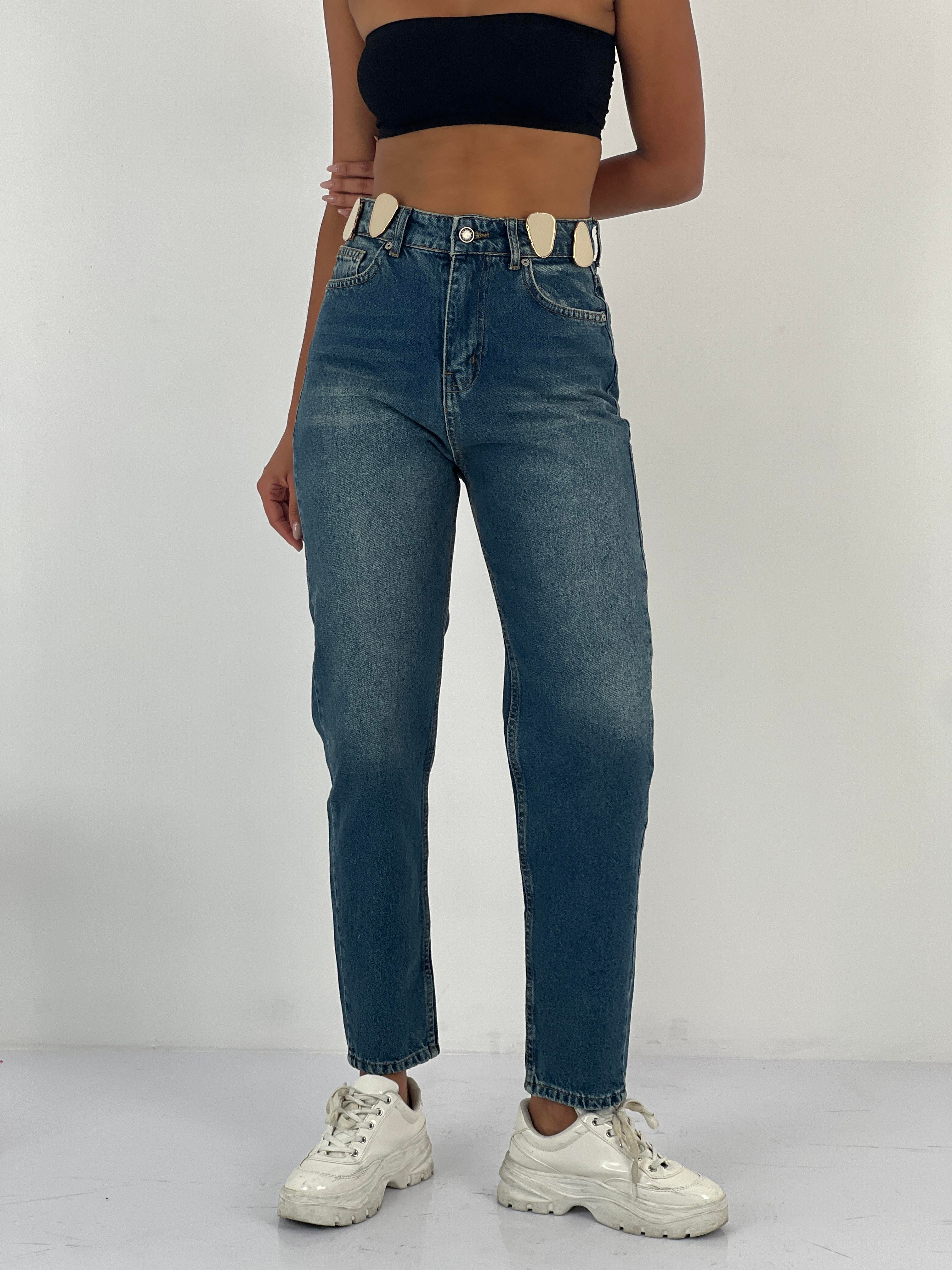 Kadın Aksesuar Detaylı Yüksek Bel Mom Mavi Jean Pantolon-72738-74