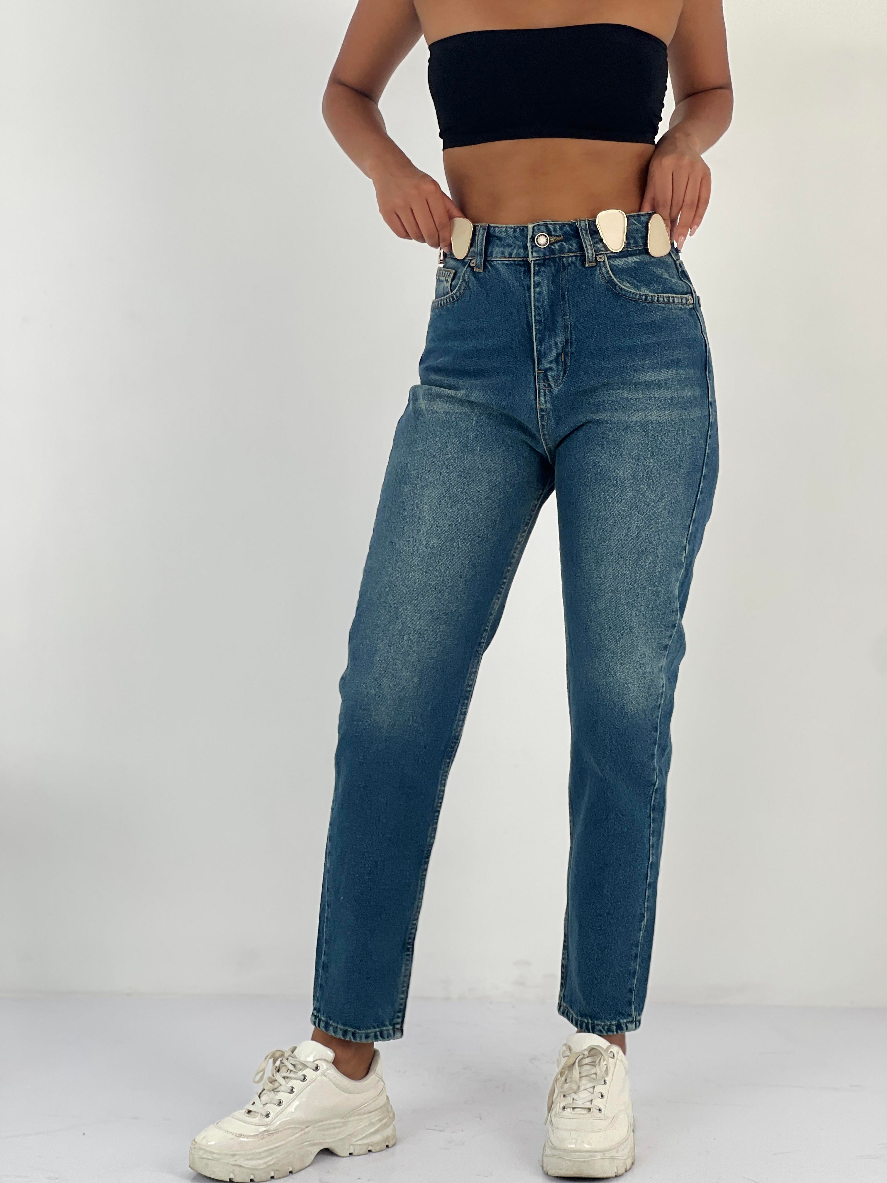 Kadın Aksesuar Detaylı Yüksek Bel Mom Mavi Jean Pantolon-72738-74