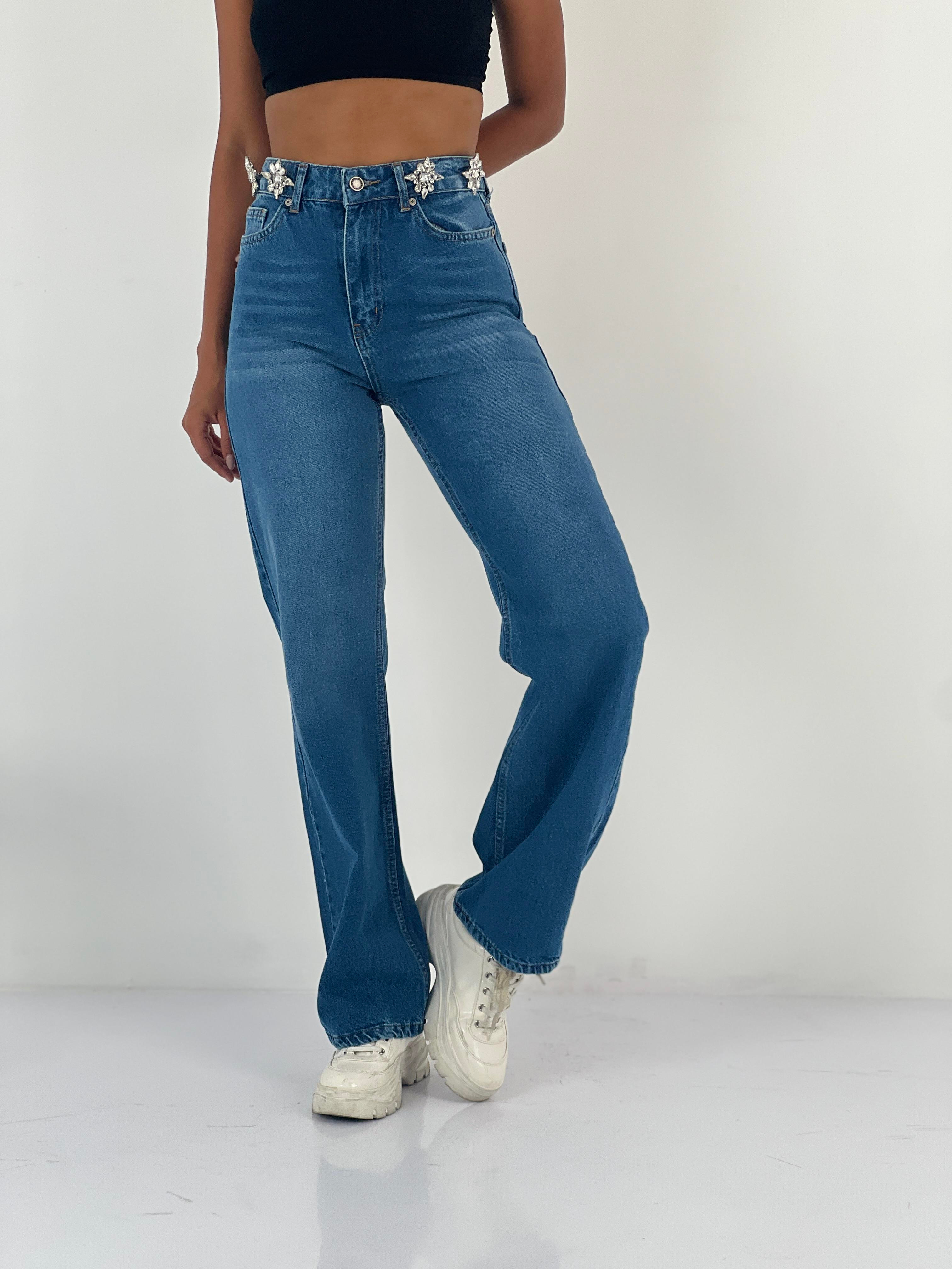Kadın Aksesuar Taş Detaylı Yüksek Bel Mavi Jean Pantolon-75450-52