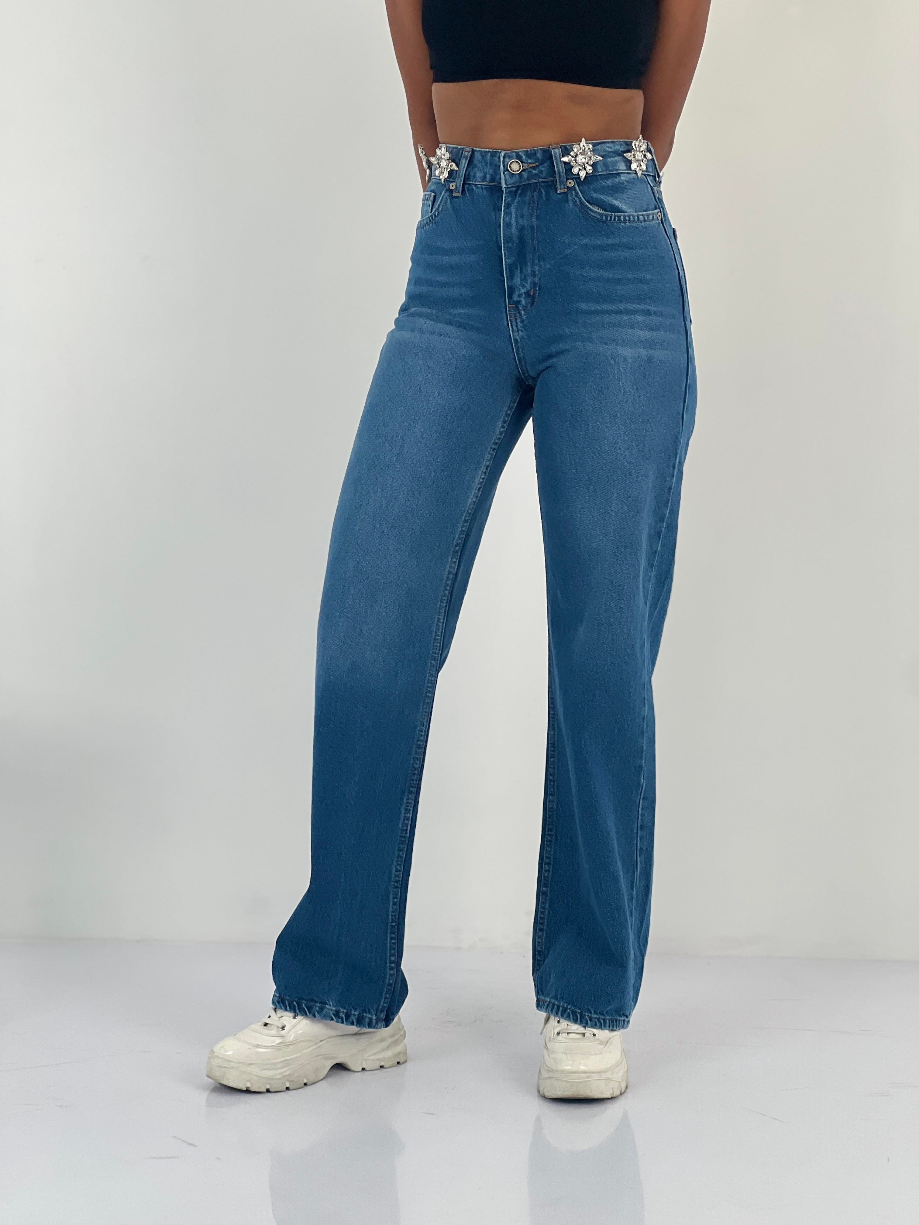 Kadın Aksesuar Taş Detaylı Yüksek Bel Mavi Jean Pantolon-75450-52