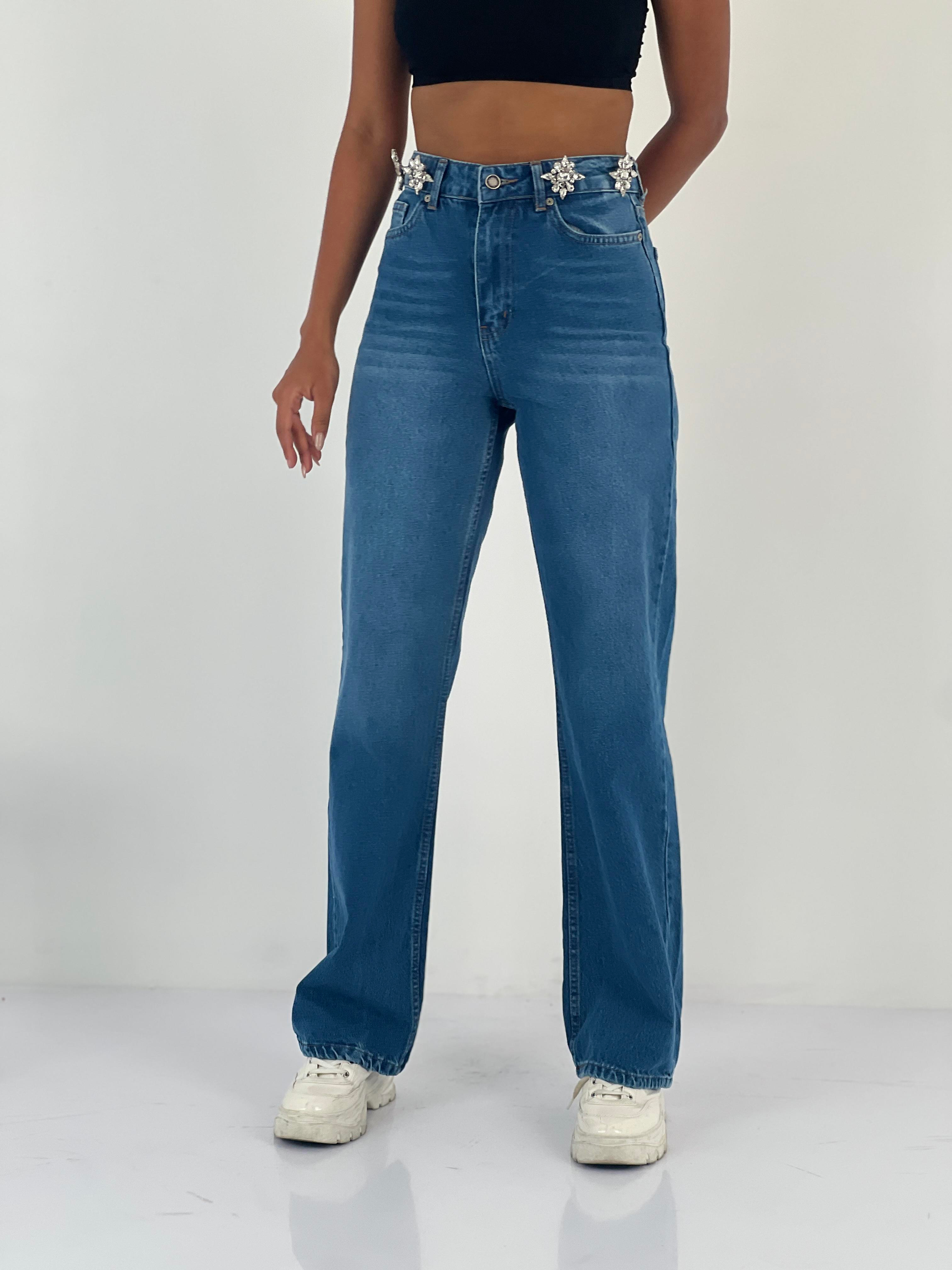 Kadın Aksesuar Taş Detaylı Yüksek Bel Mavi Jean Pantolon-75450-52