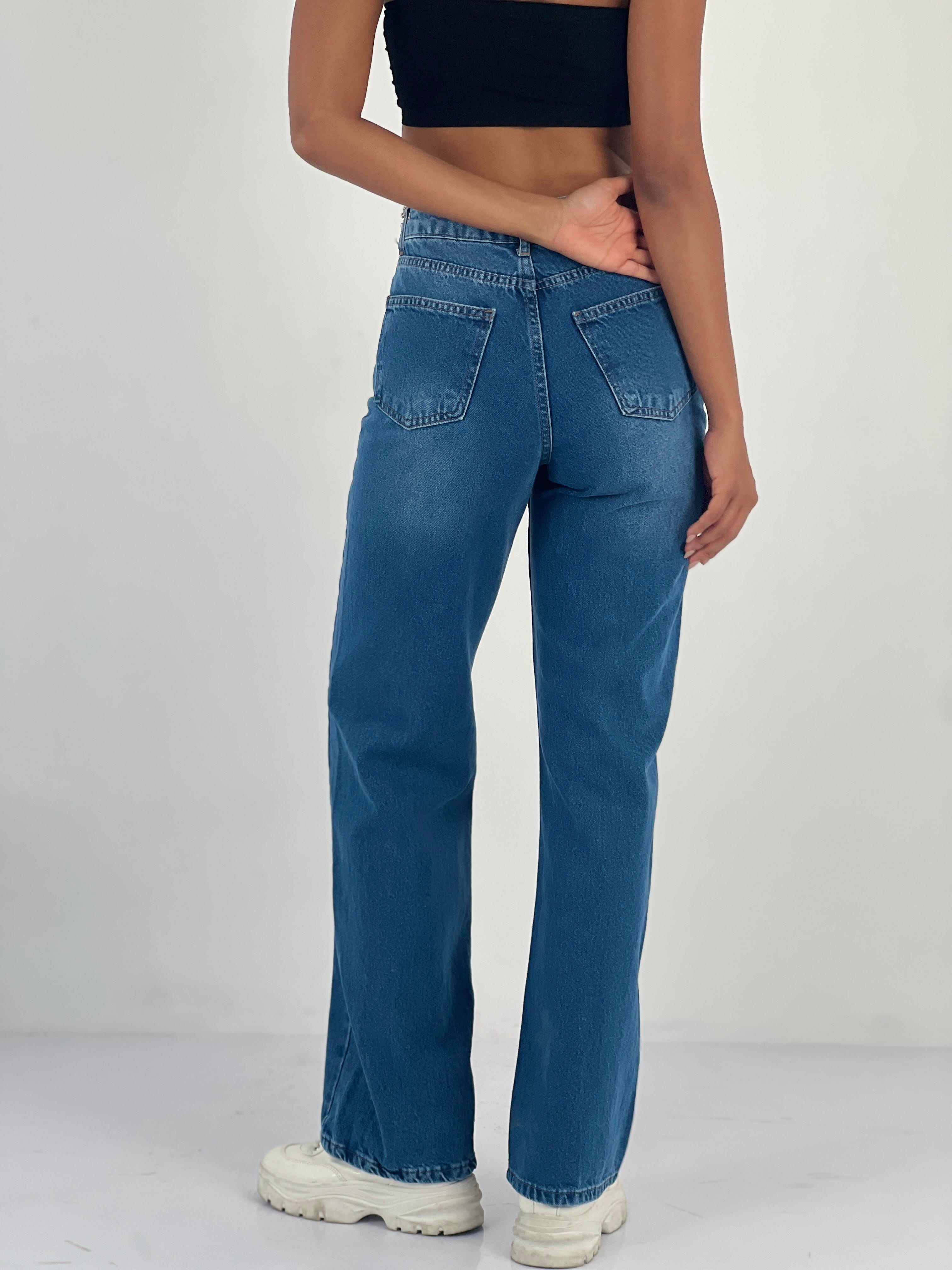 Kadın Aksesuar Taş Detaylı Yüksek Bel Mavi Jean Pantolon-75450-52