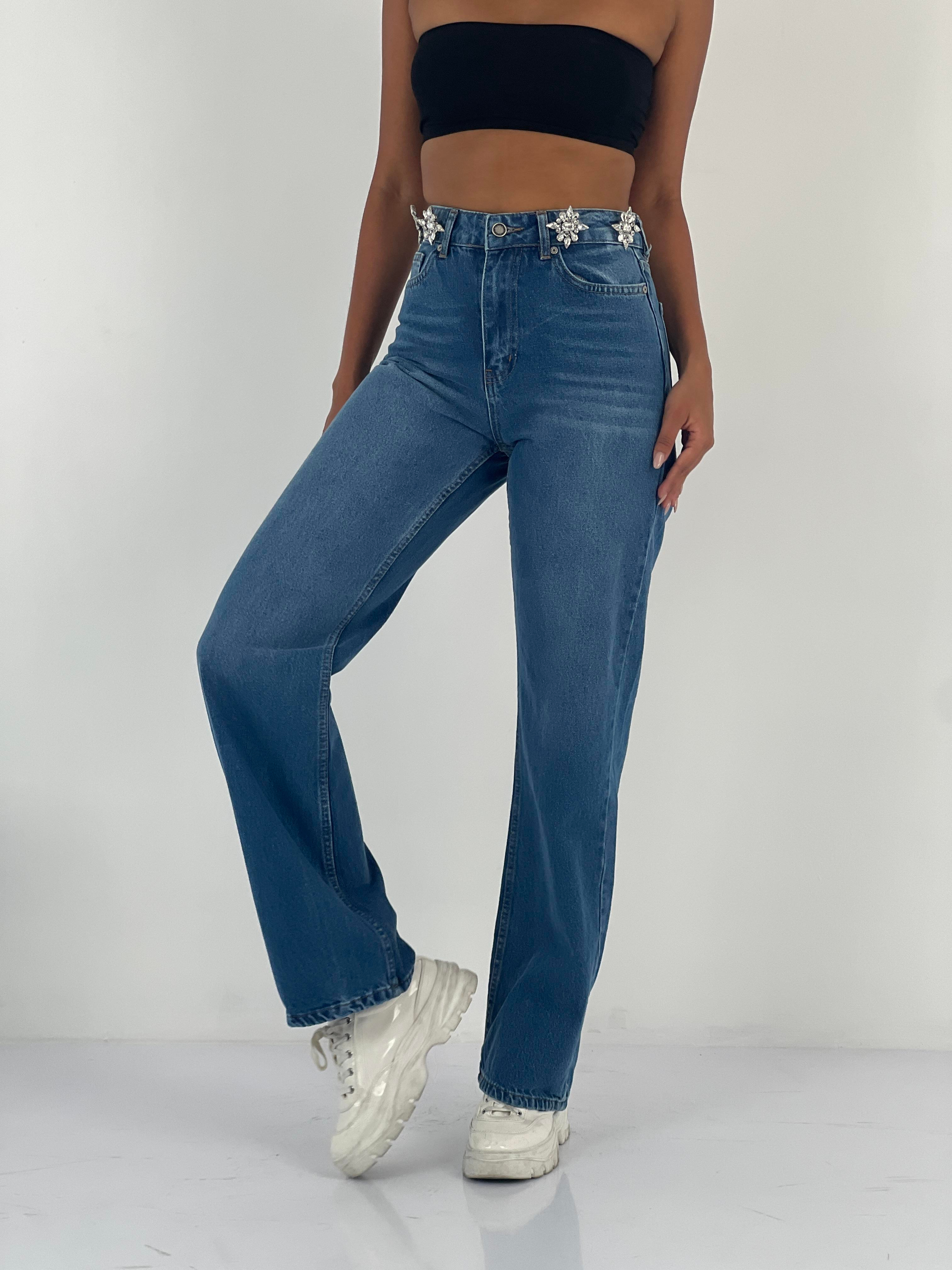 Kadın Aksesuar Taş Detaylı Yüksek Bel Mavi Jean Pantolon-75450-52